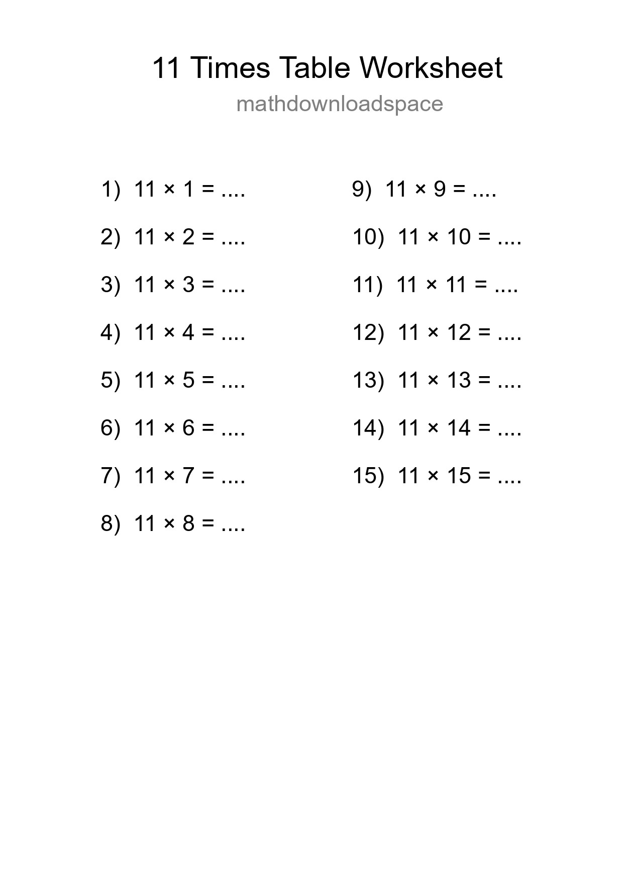 11 Times Table Worksheet For Grade 4 - Part 108