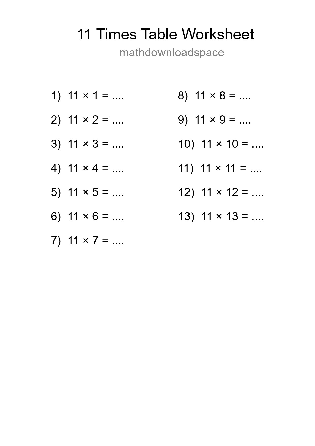 11 Times Table Worksheet For Grade 4 - Part 240