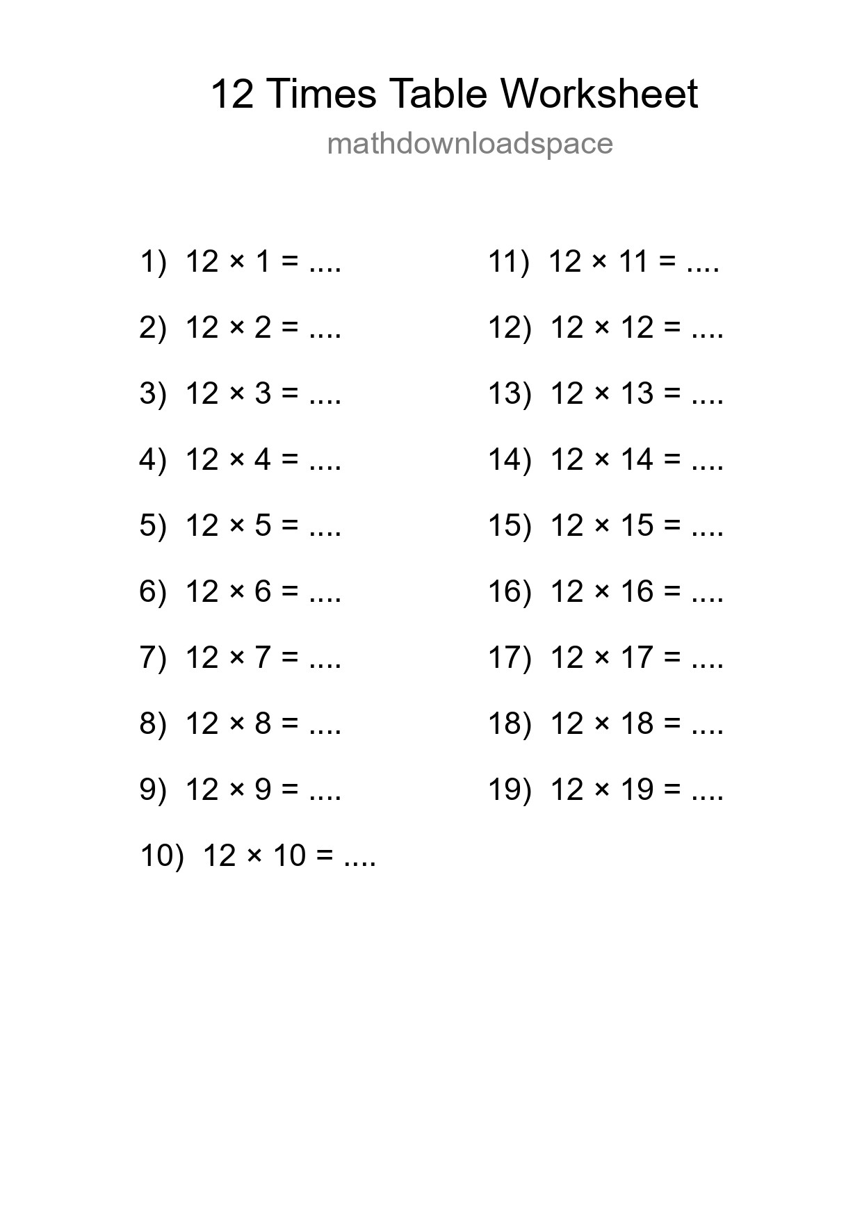 12 Times Table Worksheet For Grade 4 - Part 141