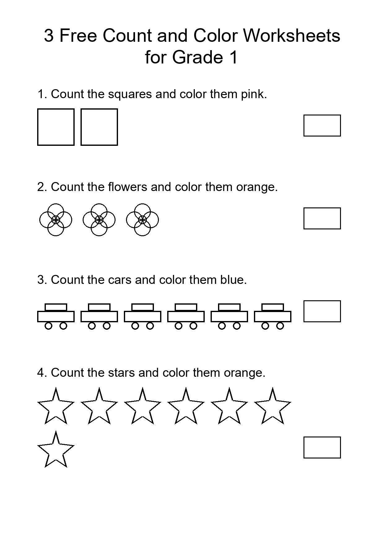 3 Free Count and Color Worksheets for Grade 1
