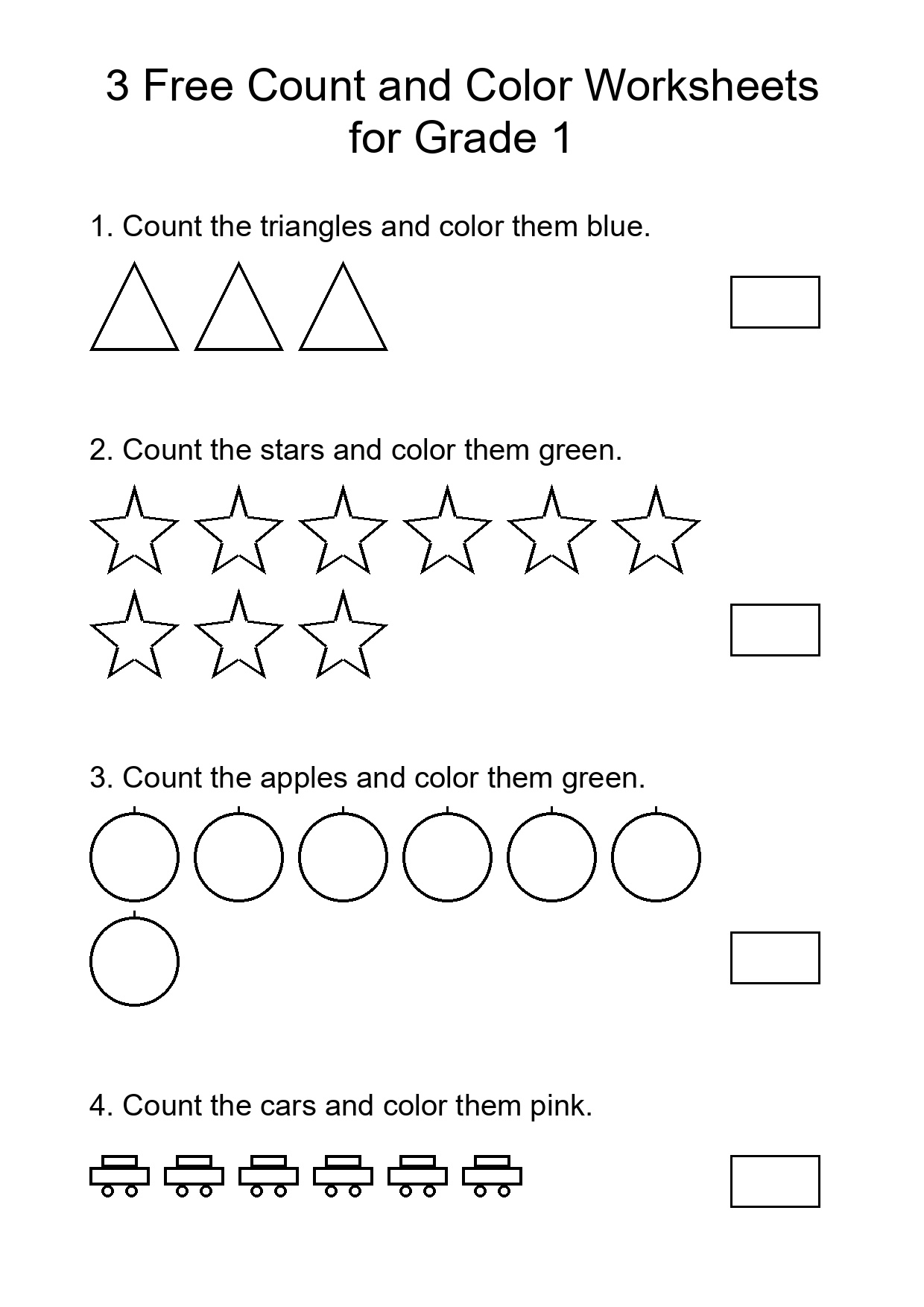 3 Free Count and Color Worksheets for Grade 1