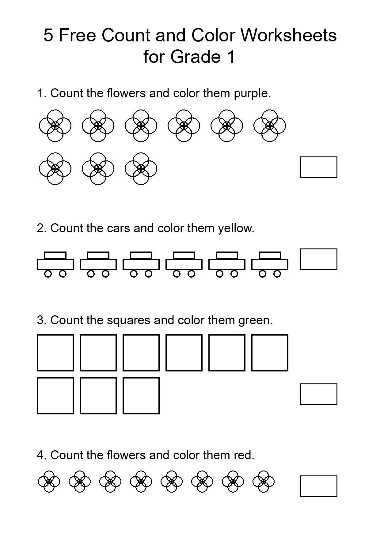 5 Free Count and Color Worksheets for Grade 1