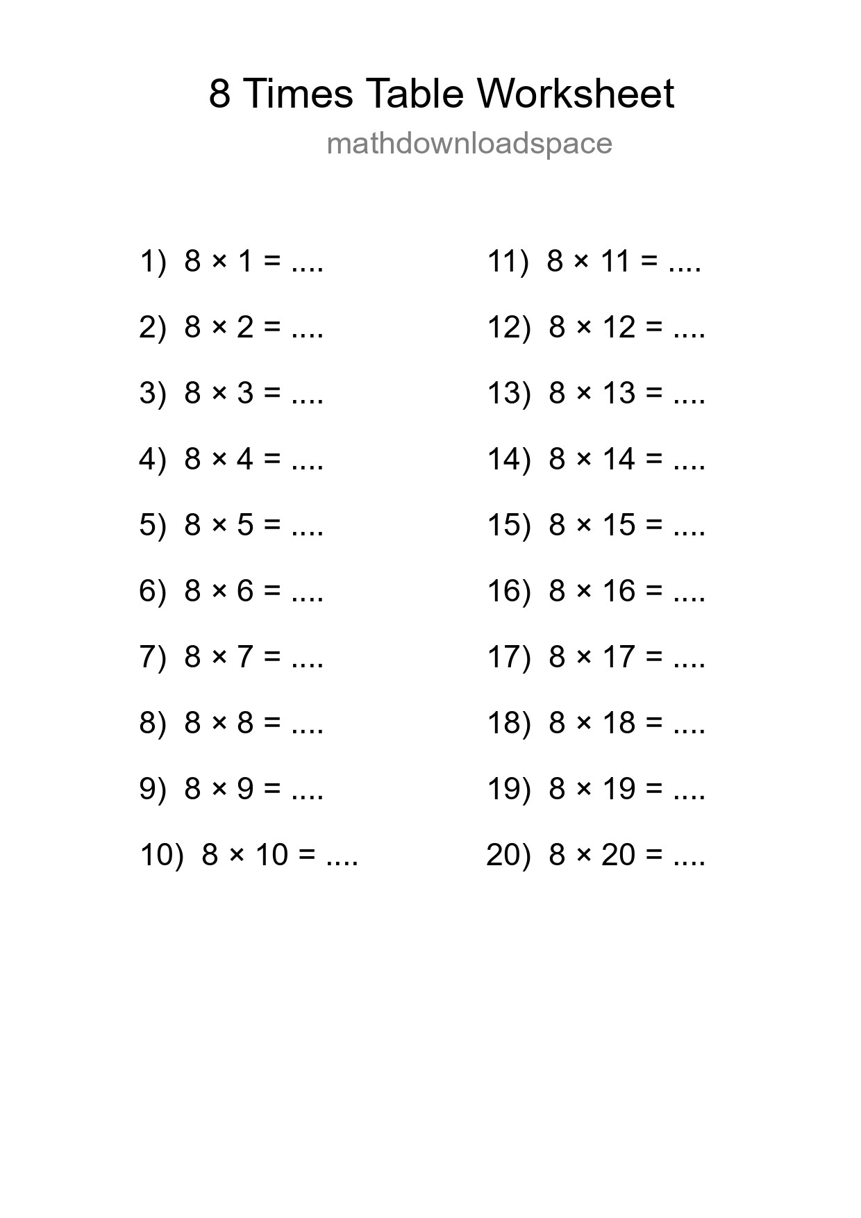 8 Times Table Worksheet For Grade 3 With Answers - Part 53