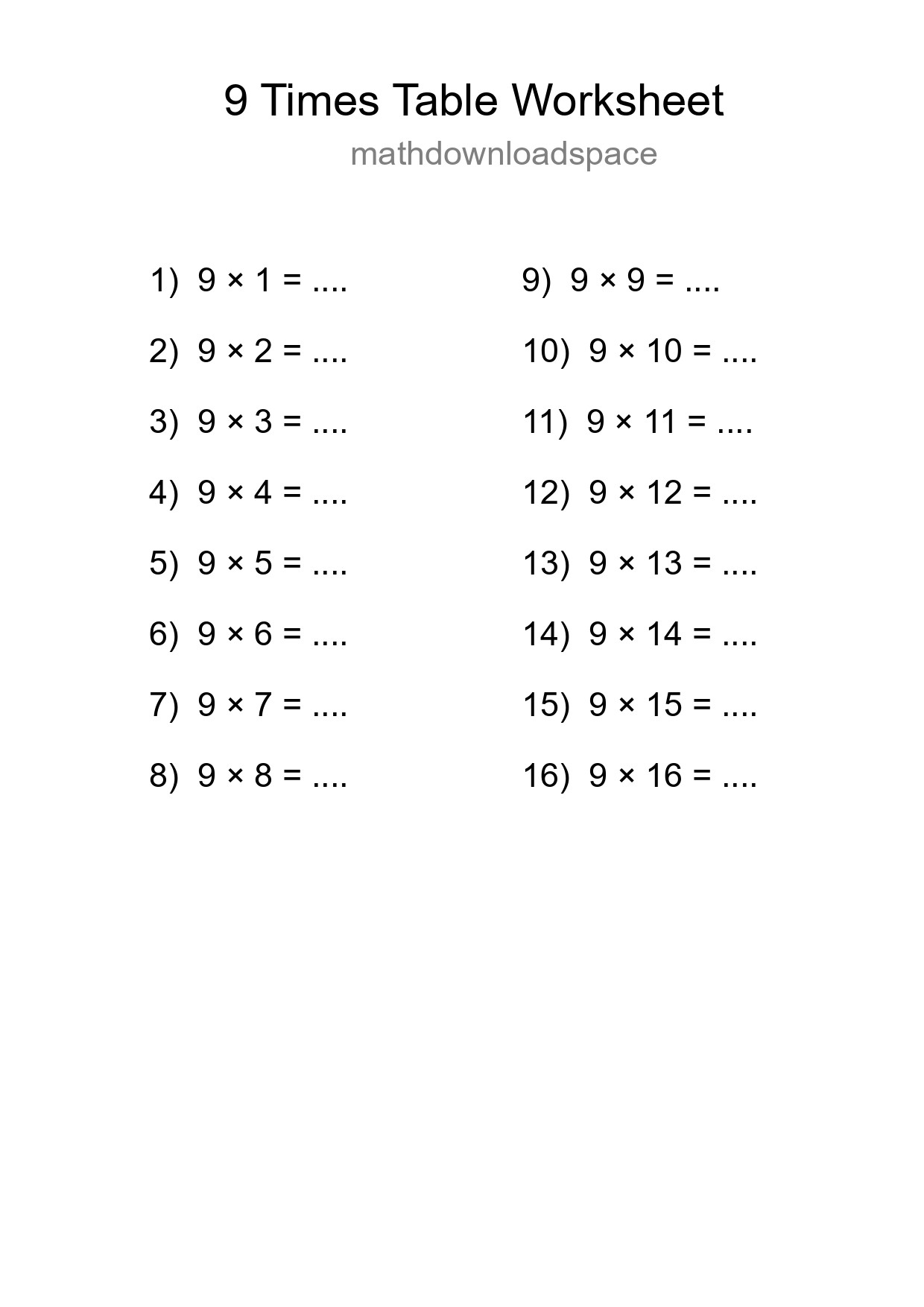 9 Times Table Worksheet For Grade 3 - Part 185
