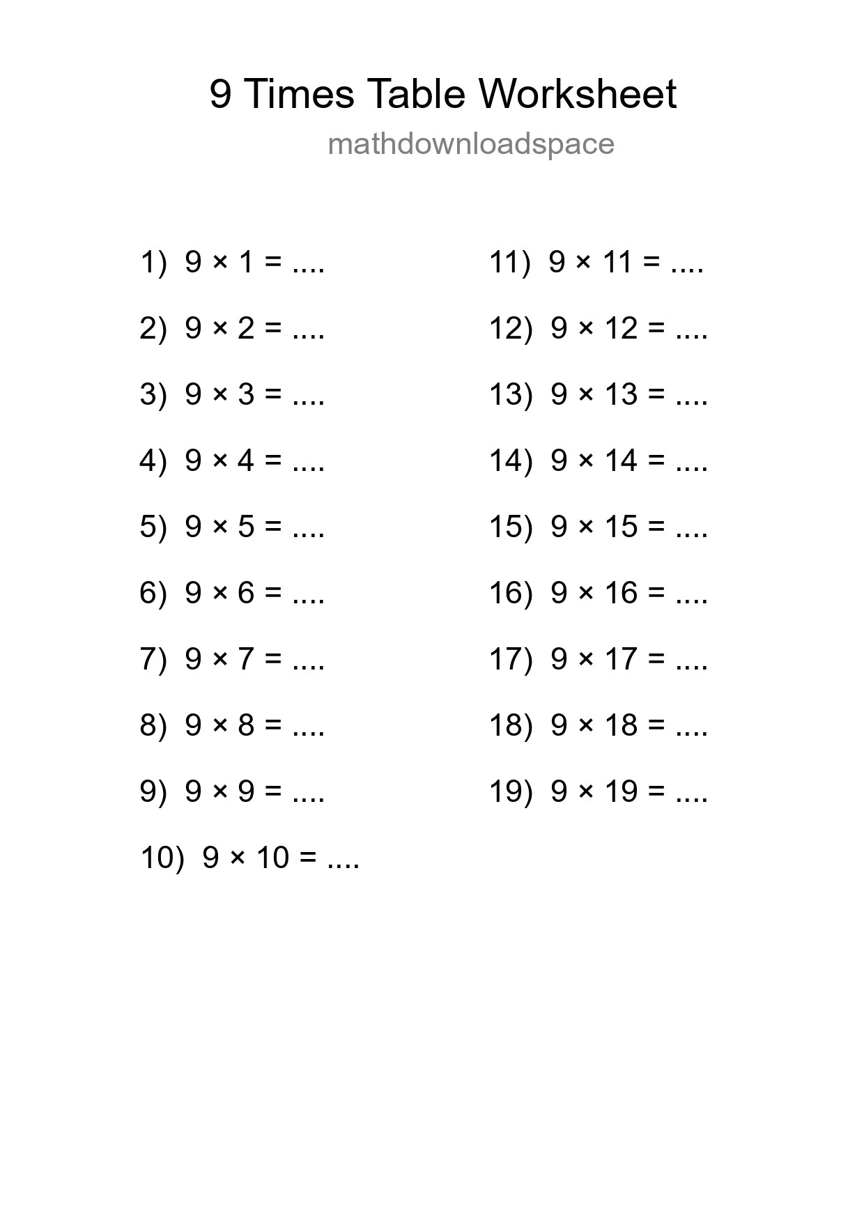 9 Times Table Worksheet For Grade 3 With Answers - Part 196