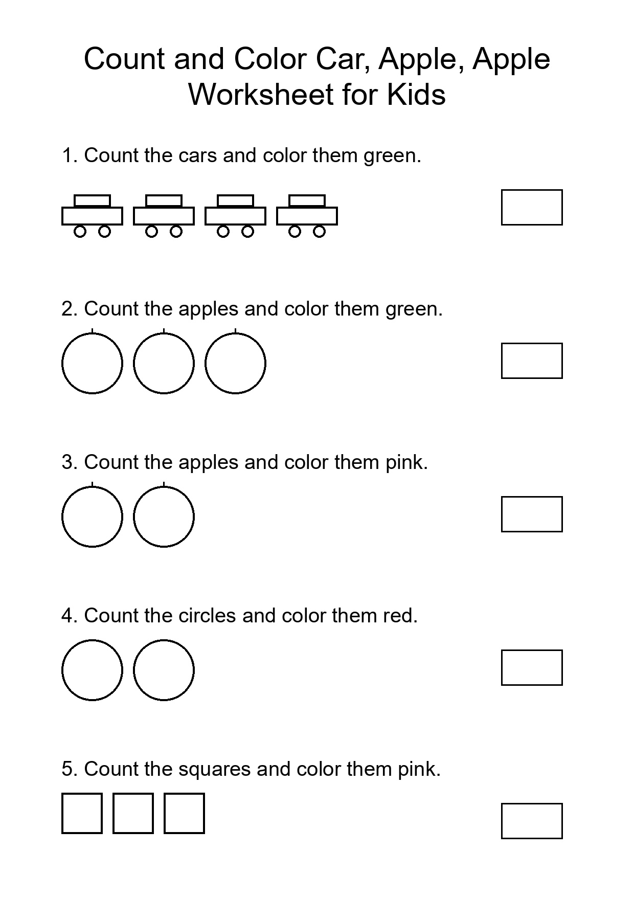 Count and Color Car, Apple, Apple Worksheet for Kids