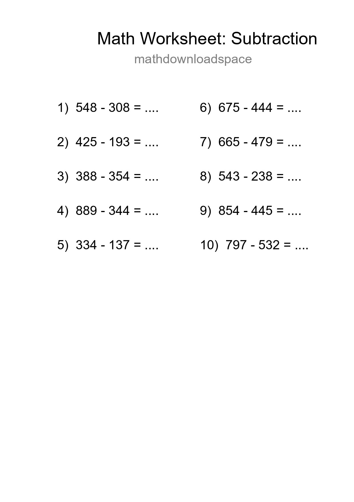 Free 10 Subtraction Math Worksheet For Grade 5 With Answers - Part 140