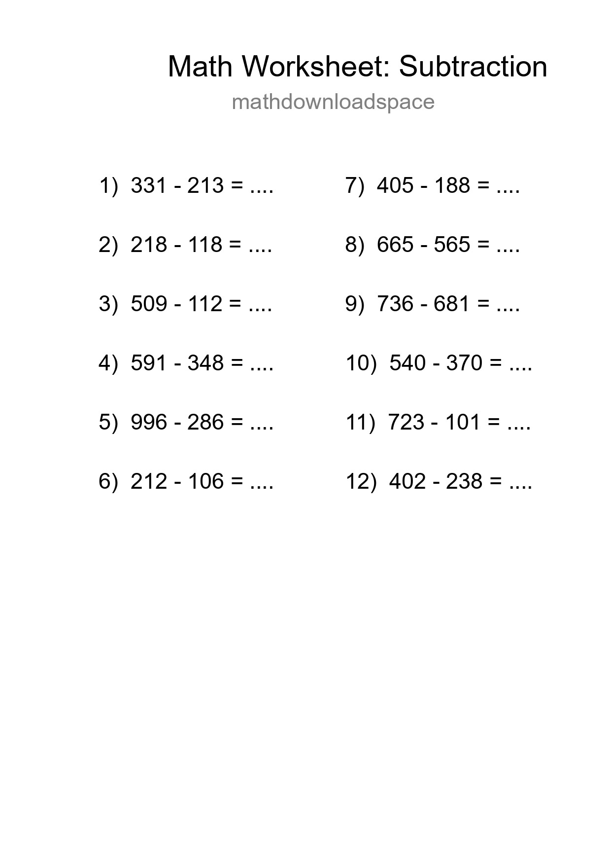 Free 12 Subtraction Math Worksheet For Grade 5 - Part 195