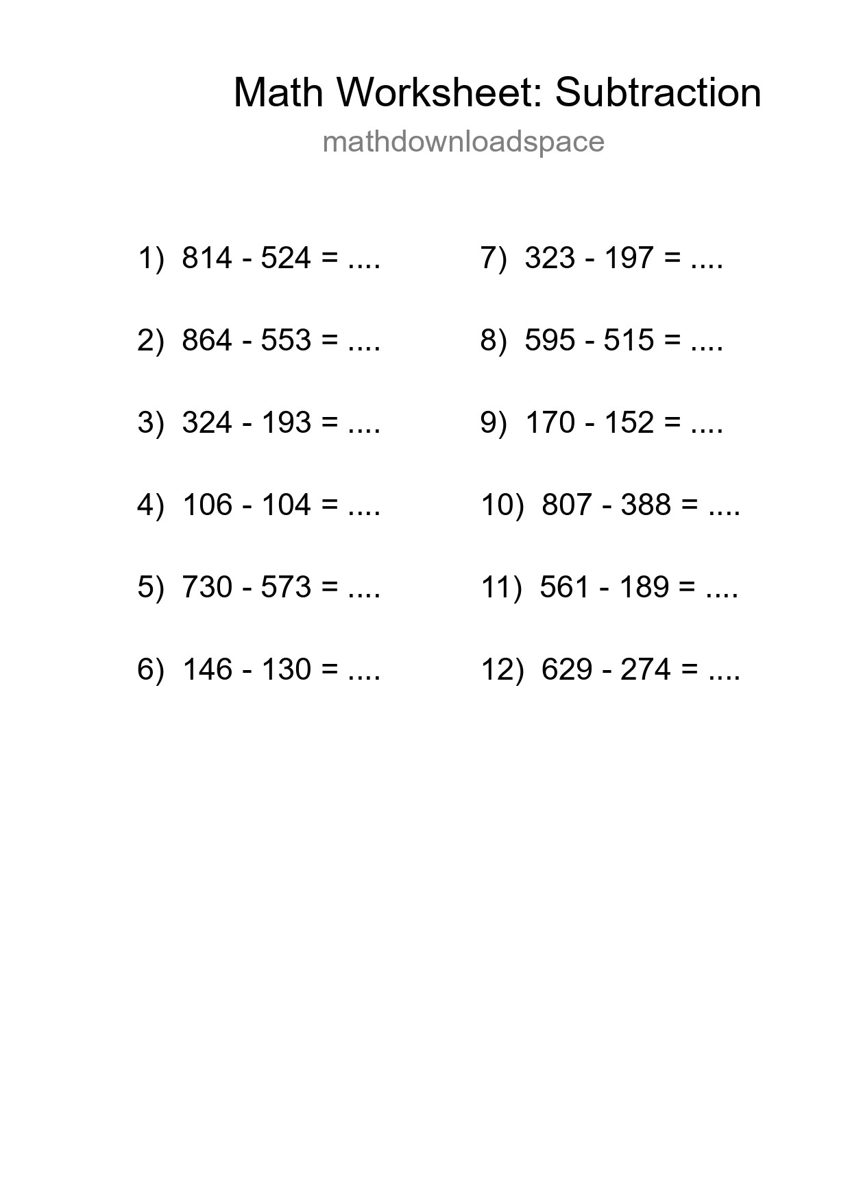 Free 12 Subtraction Math Worksheet For Grade 5 - Part 8