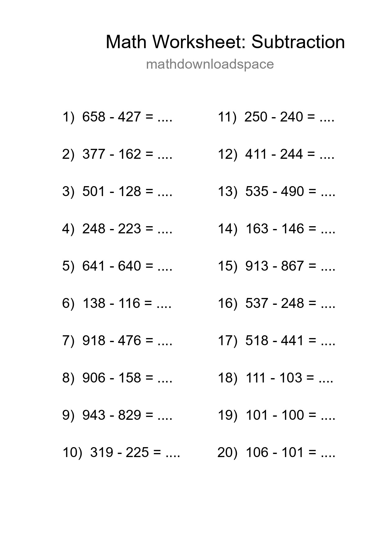 Free 20 Subtraction Math Worksheet For Grade 5 With Answers - Part 294