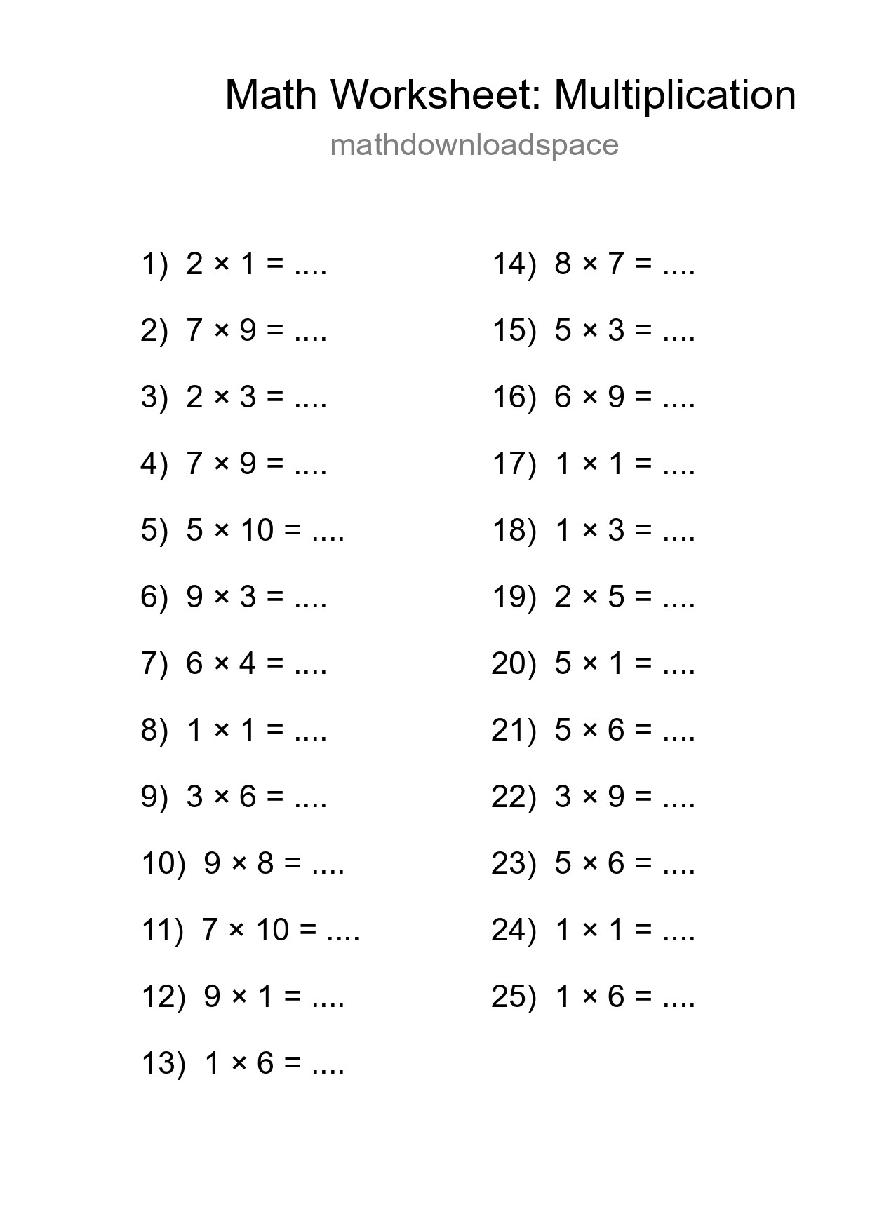 Free 25 Multiplication Math Worksheet For Grade 1 - Part 205