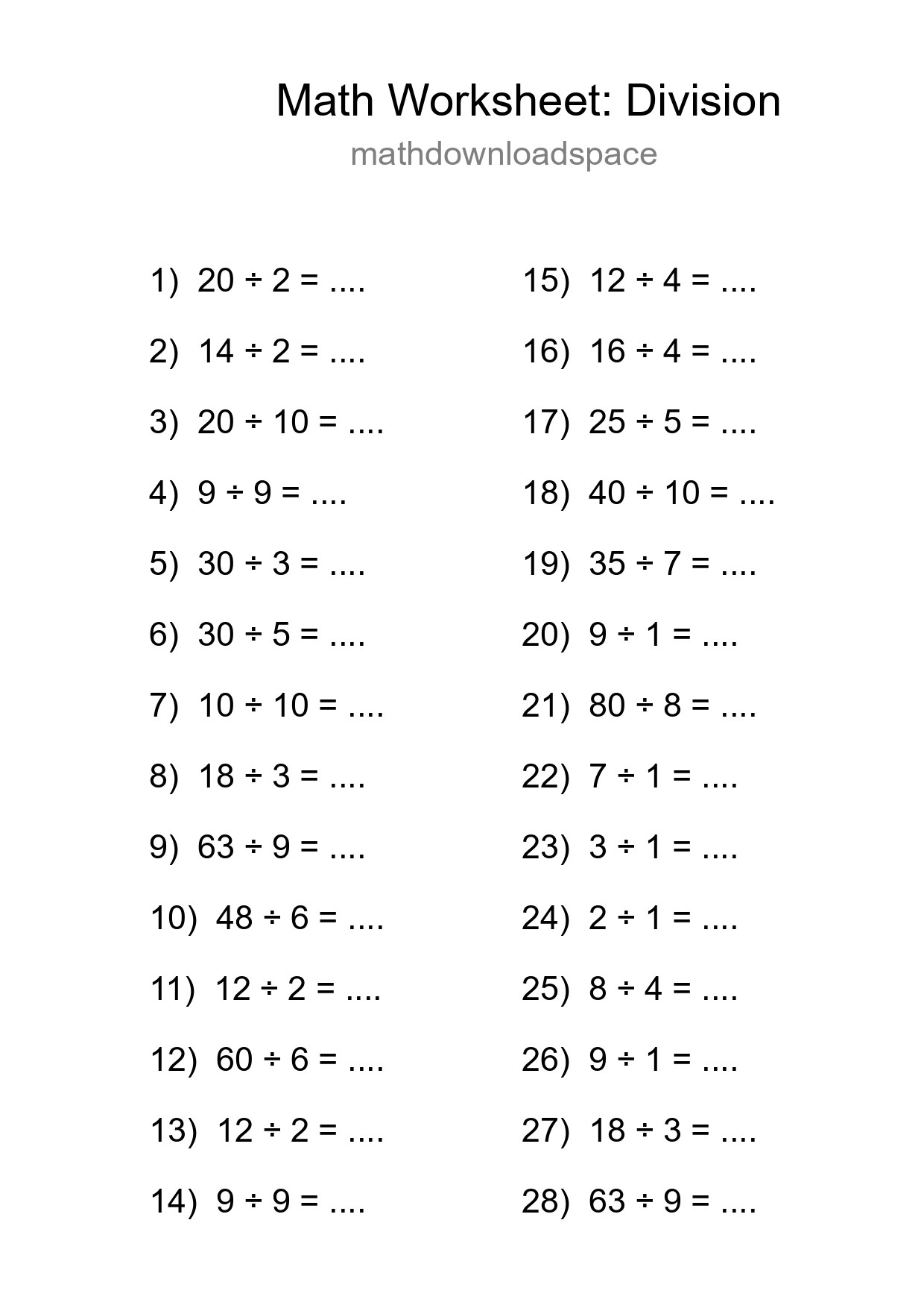 Free 28 Division Math Worksheet For Grade 1 With Answers - Part 114