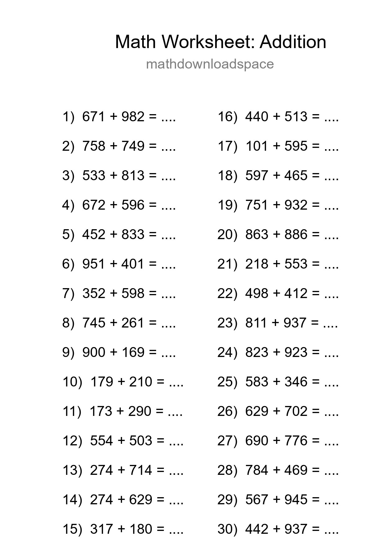Free 30 Addition Math Worksheet For Grade 5 - Part 133