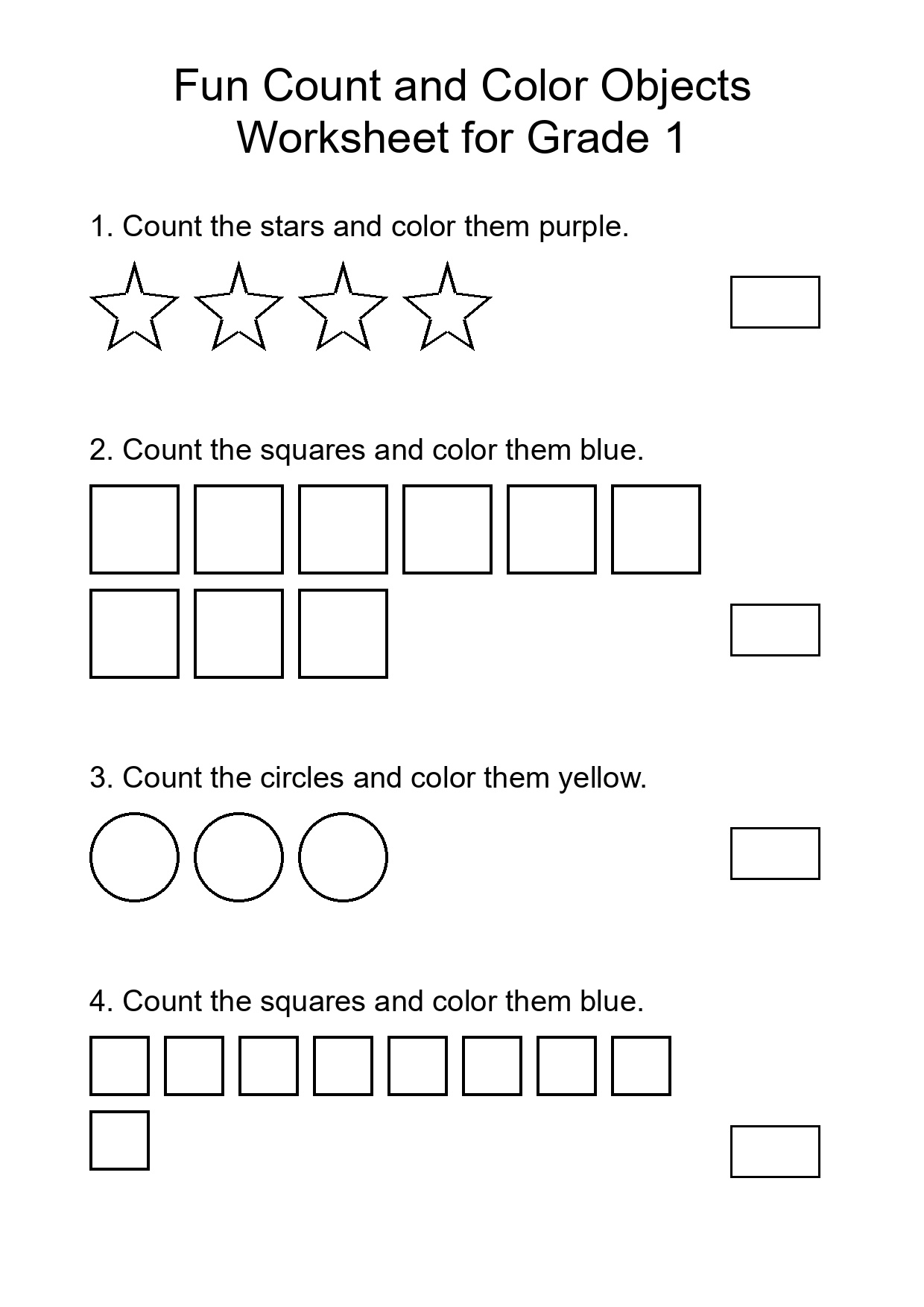 Fun Count and Color Objects Worksheet for Grade 1