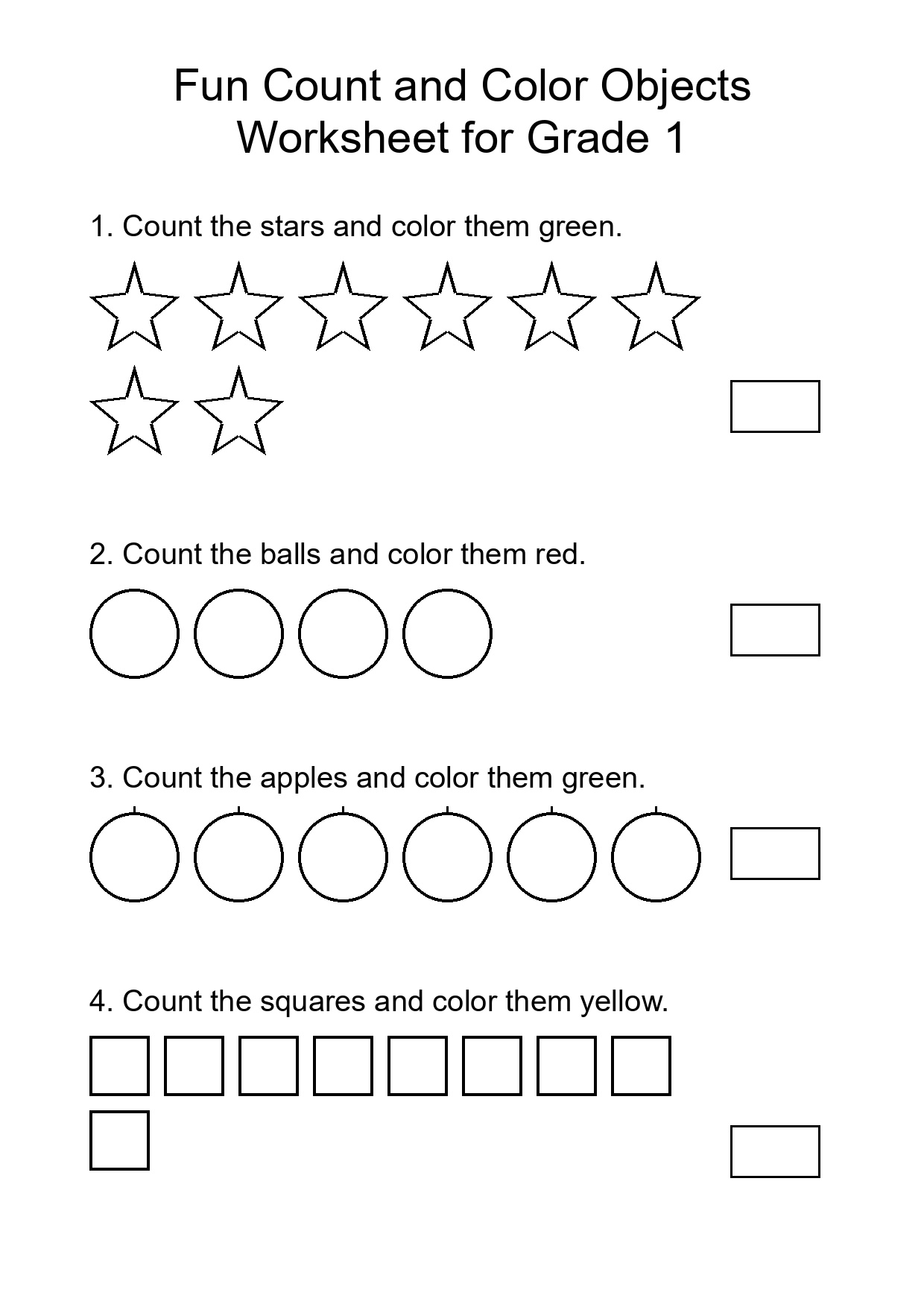 Fun Count and Color Objects Worksheet for Grade 1