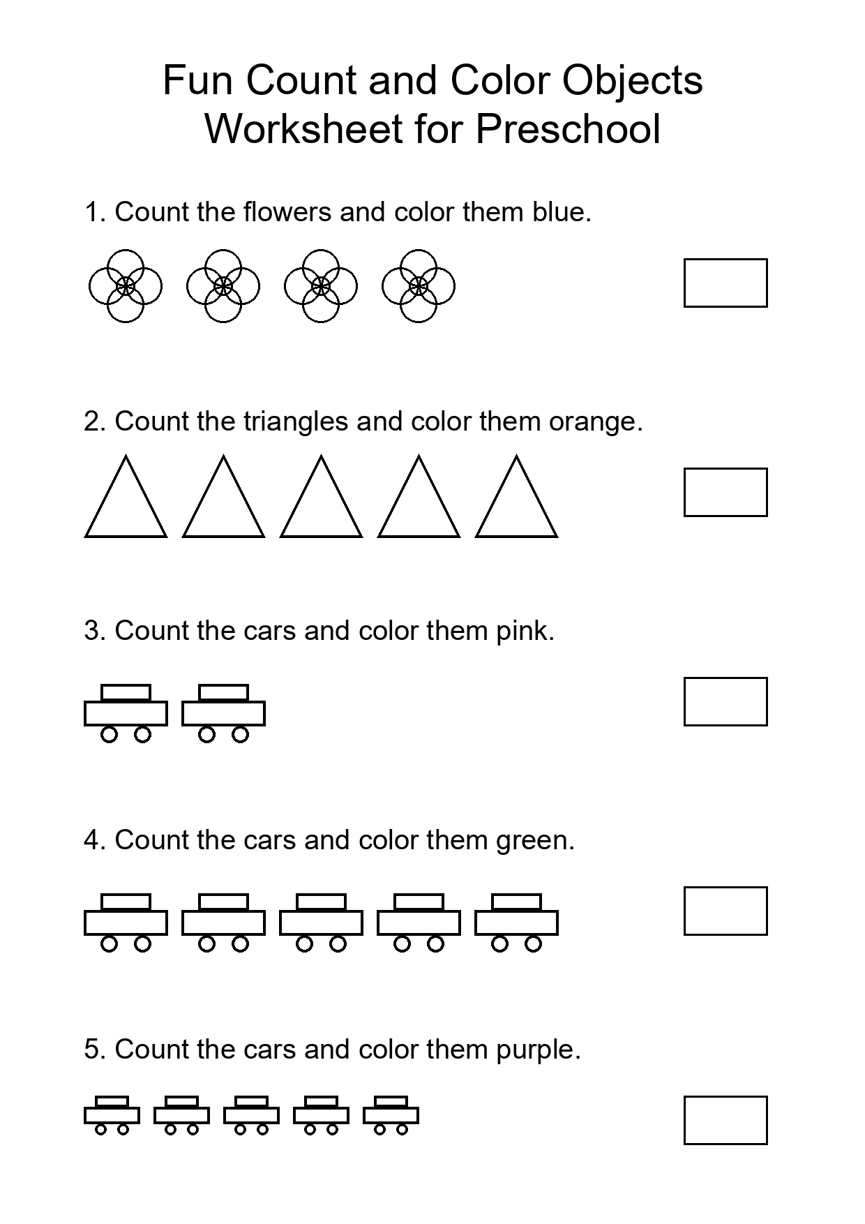 Fun Count and Color Objects Worksheet for Preschool