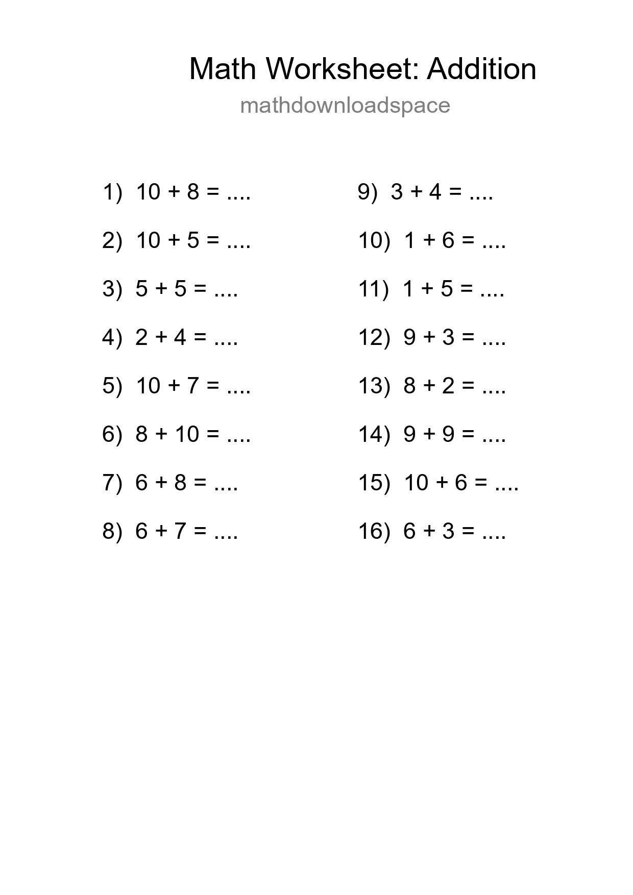 Grade 1 Addition Practice Worksheet (16 Problems) - Part 56