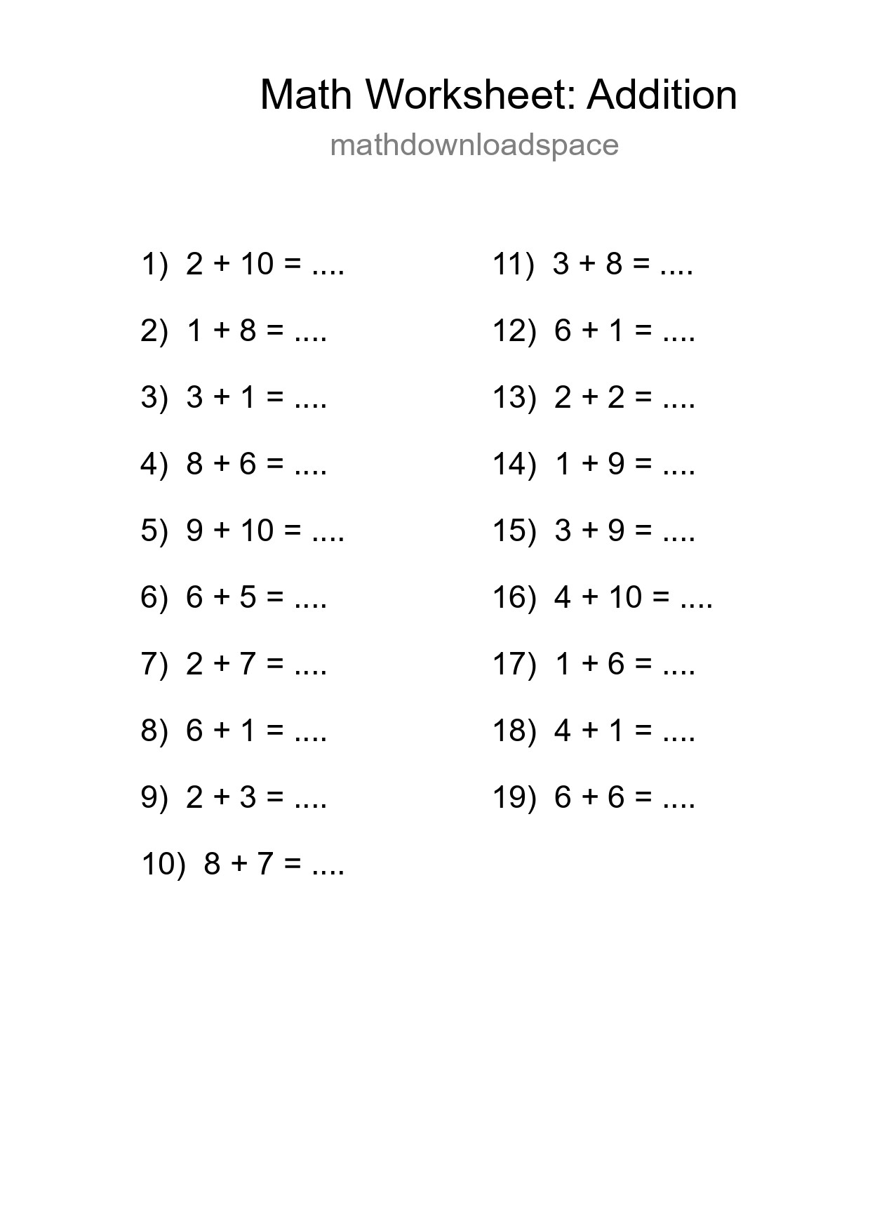 Grade 1 Addition Practice Worksheet (19 Problems) - Part 23