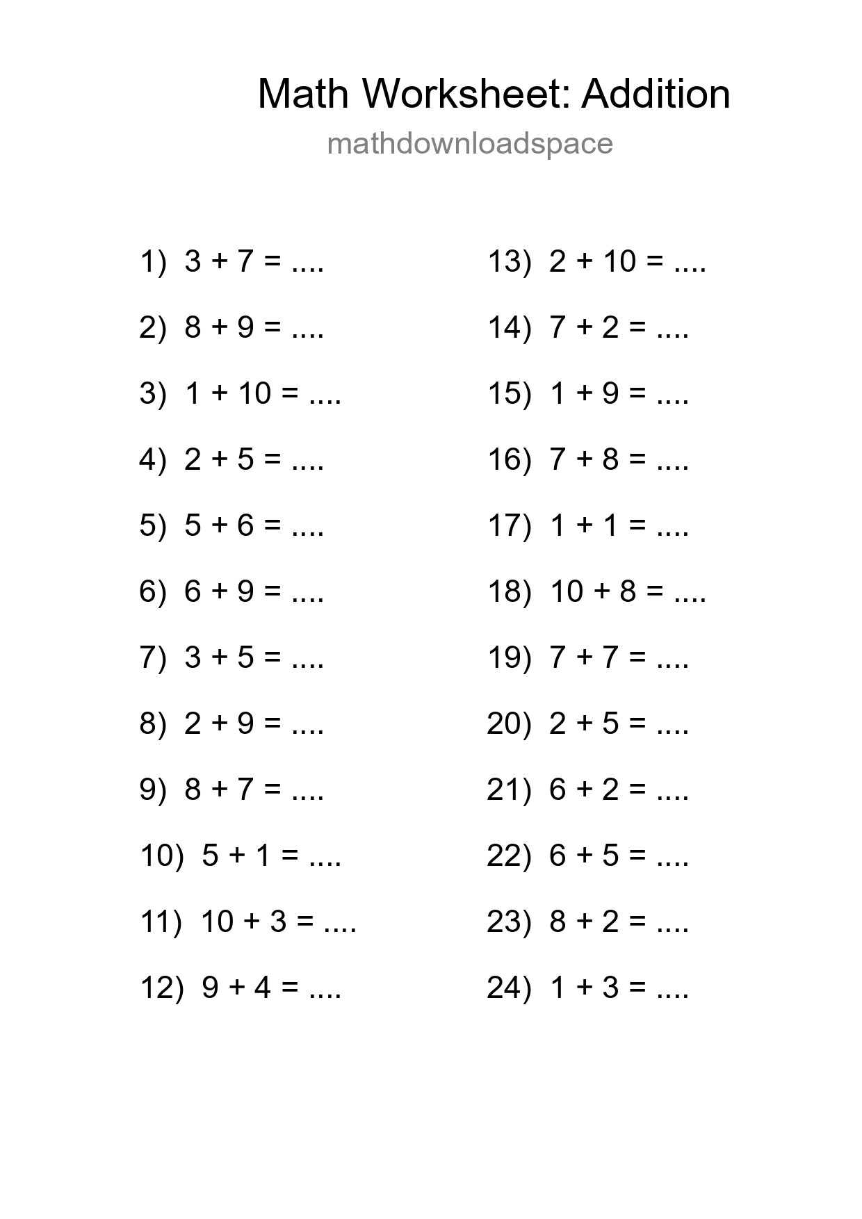 Grade 1 Addition Practice Worksheet (24 Problems)