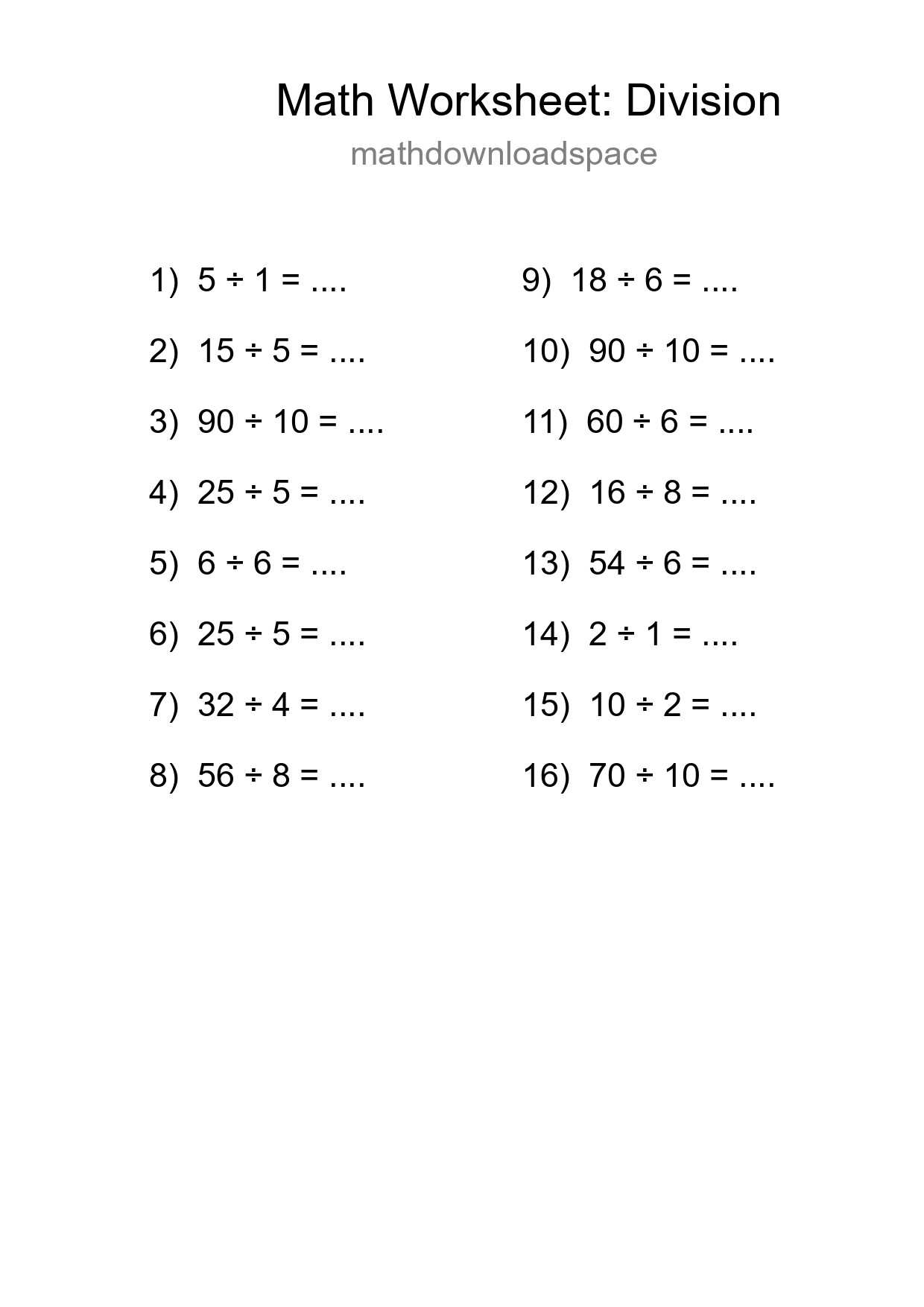 Grade 1 Division Practice Worksheet (16 Problems) - Part 169