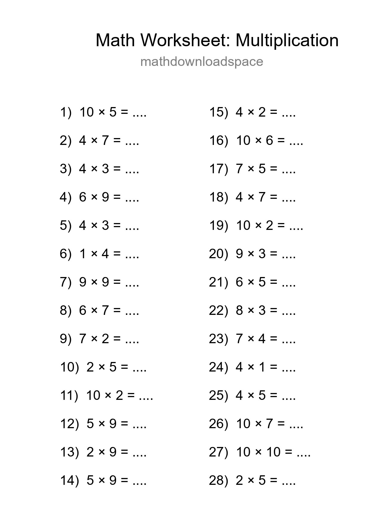 Grade 1 Multiplication Practice Worksheet (28 Problems) - Part 194