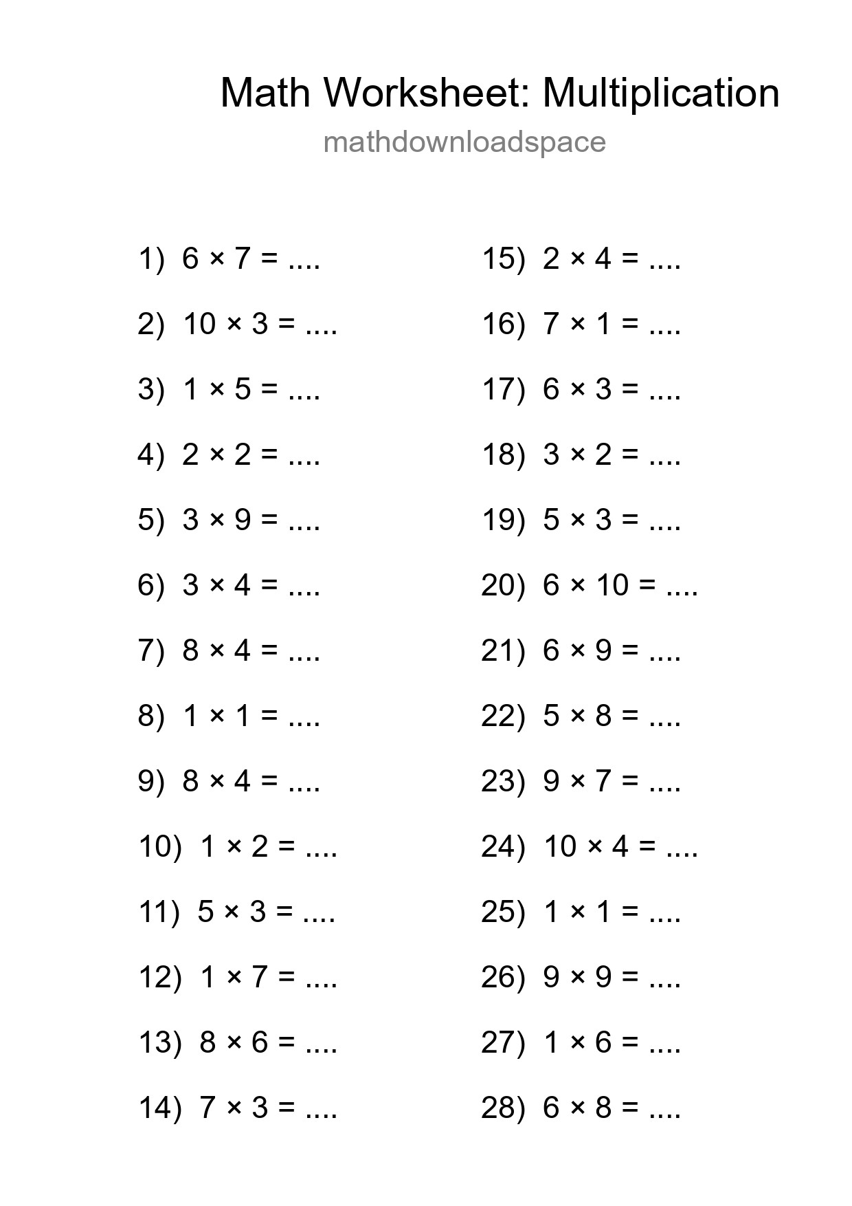 Grade 1 Multiplication Practice Worksheet (28 Problems) - Part 51