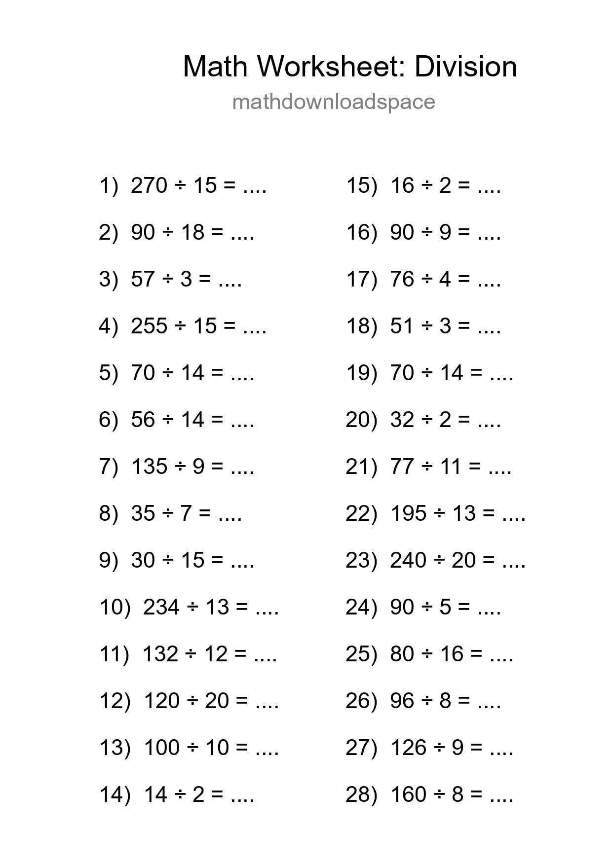Grade 2 Division Practice Worksheet (28 Problems) - Part 37