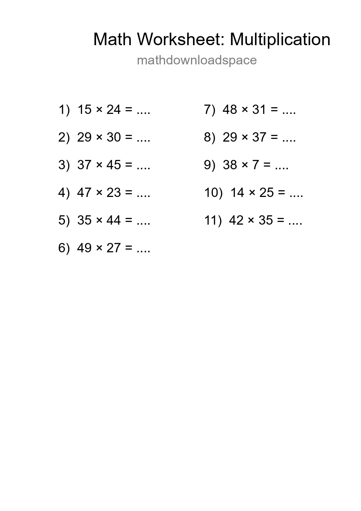 Grade 2 Multiplication Practice Worksheet (11 Problems) - Part 150
