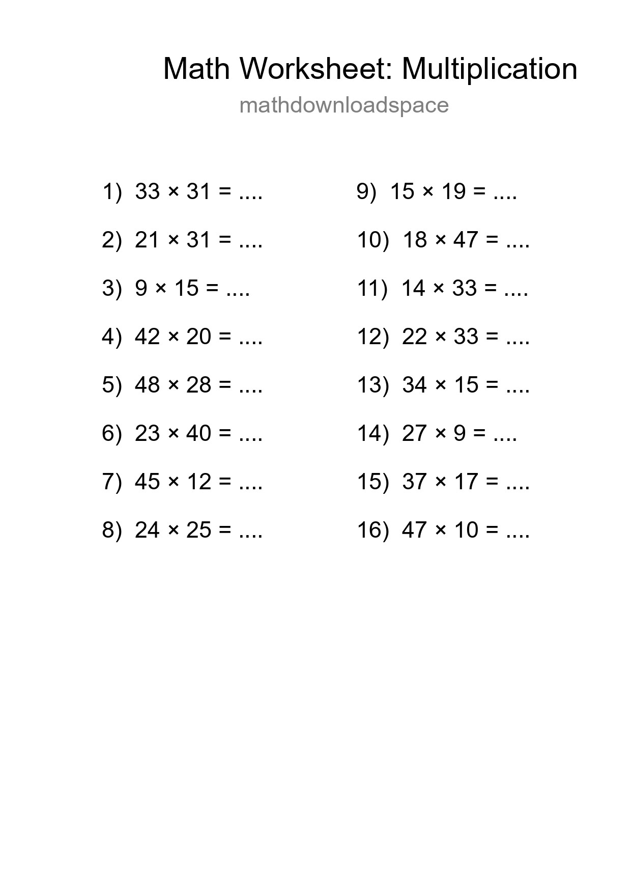 Grade 2 Multiplication Practice Worksheet (16 Problems) - Part 260