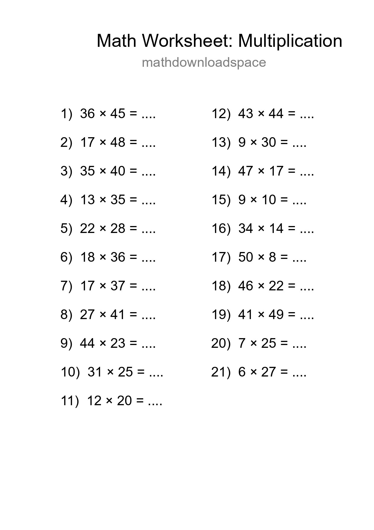 Grade 2 Multiplication Practice Worksheet (21 Problems) - Part 18