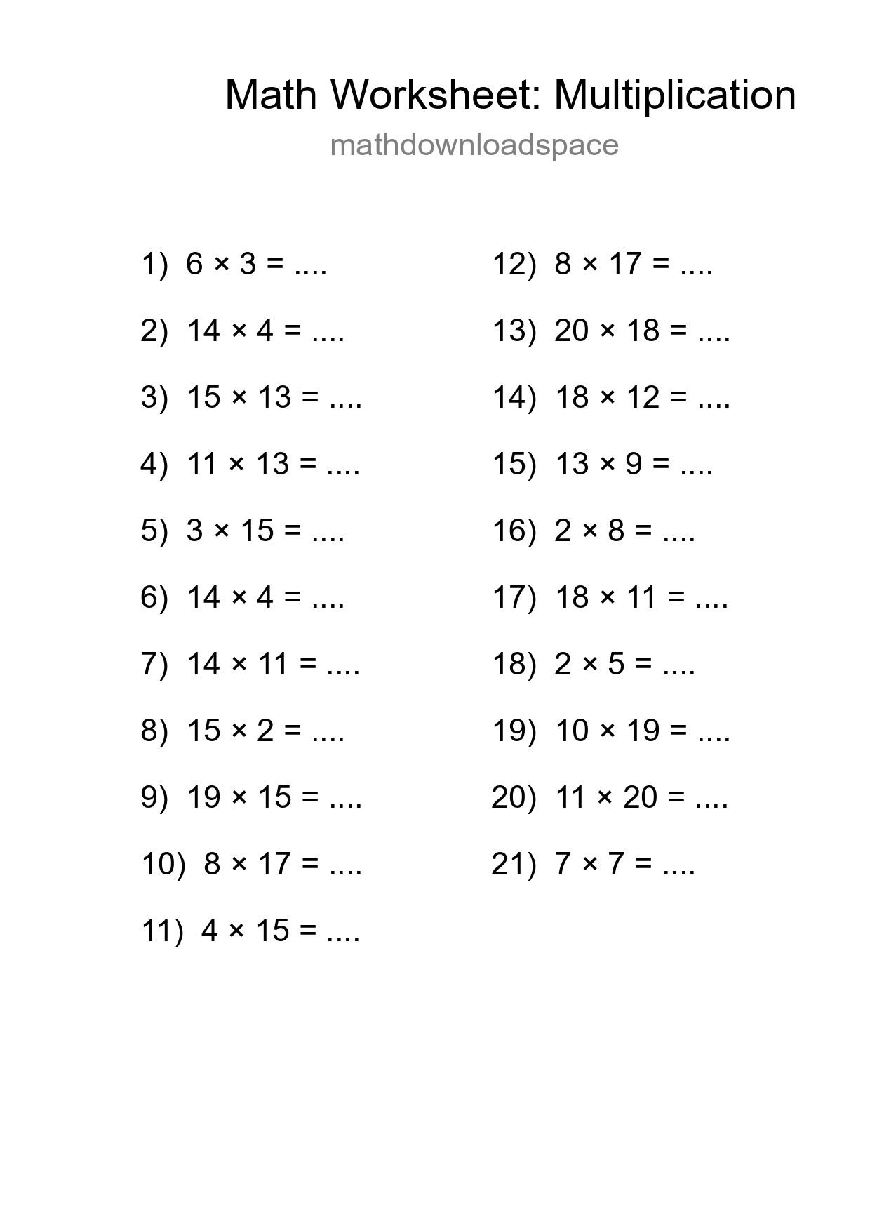 Grade 2 Multiplication Practice Worksheet (21 Problems) - Part 95