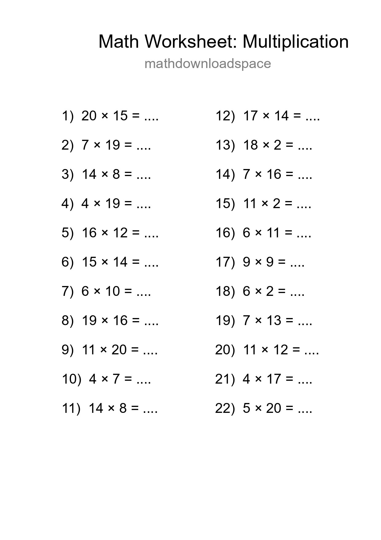 Grade 2 Multiplication Practice Worksheet (22 Problems) - Part 216