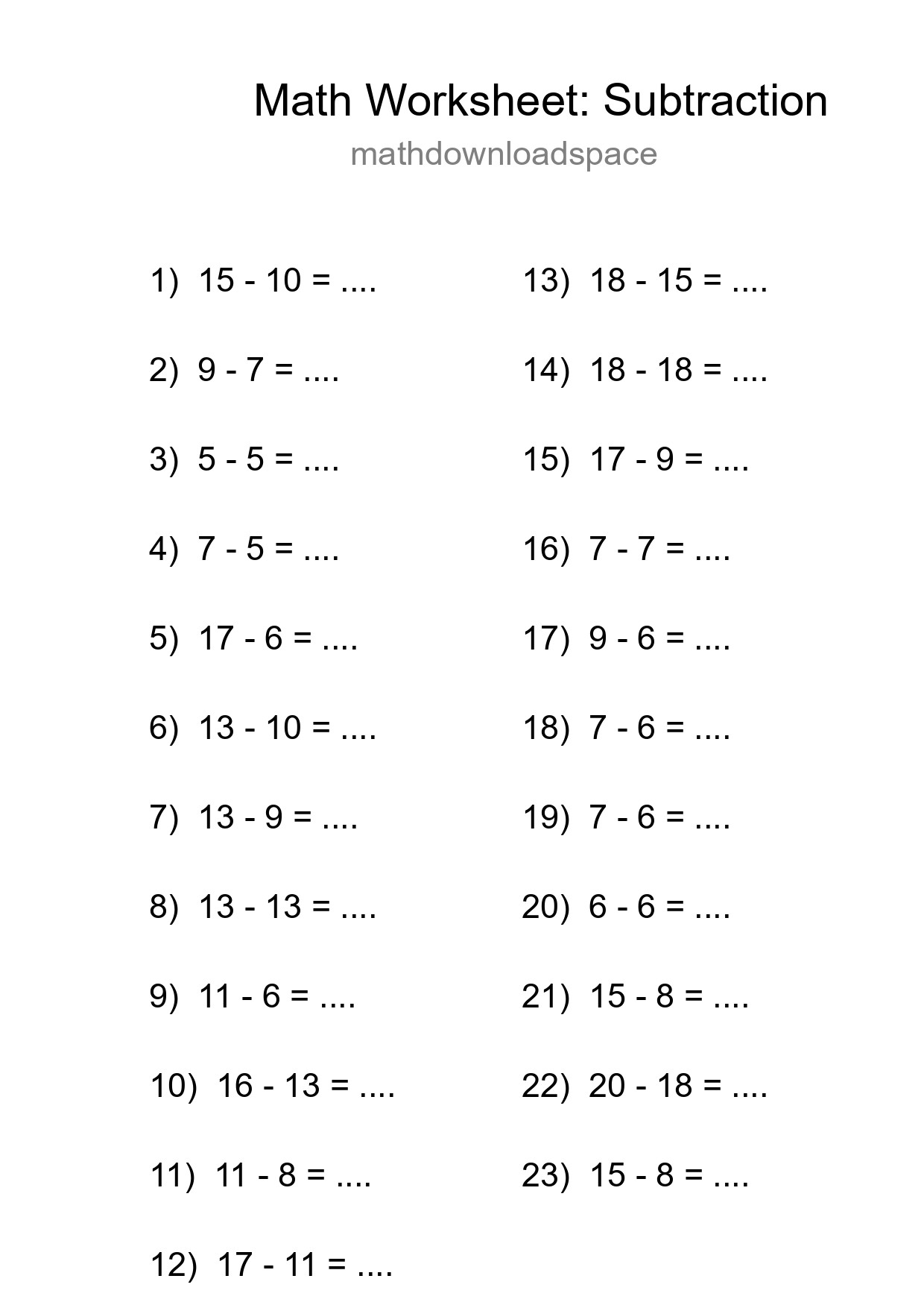 Grade 2 Subtraction Practice Worksheet (23 Problems) - Part 85