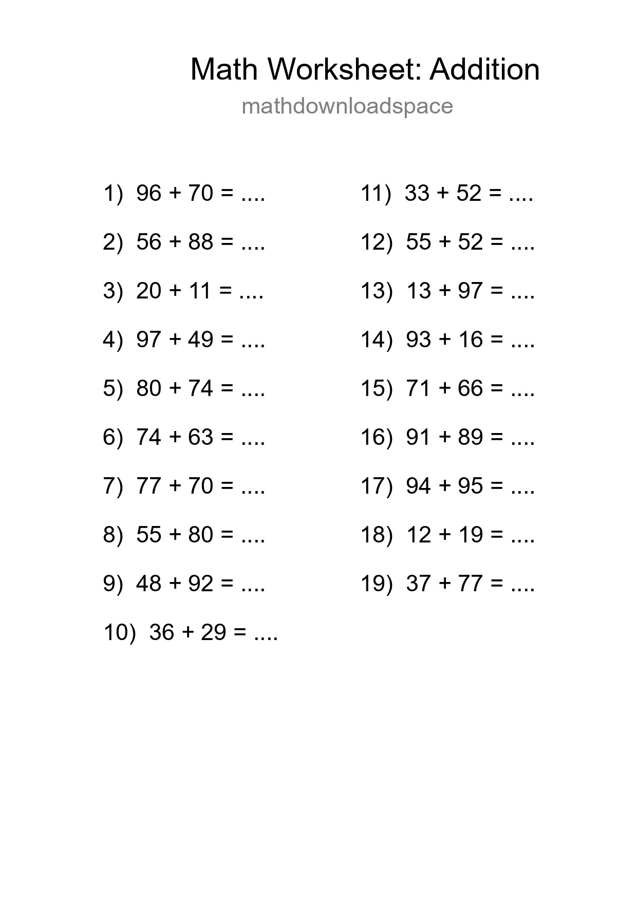 Grade 3 Addition Practice Worksheet (19 Problems) - Part 276