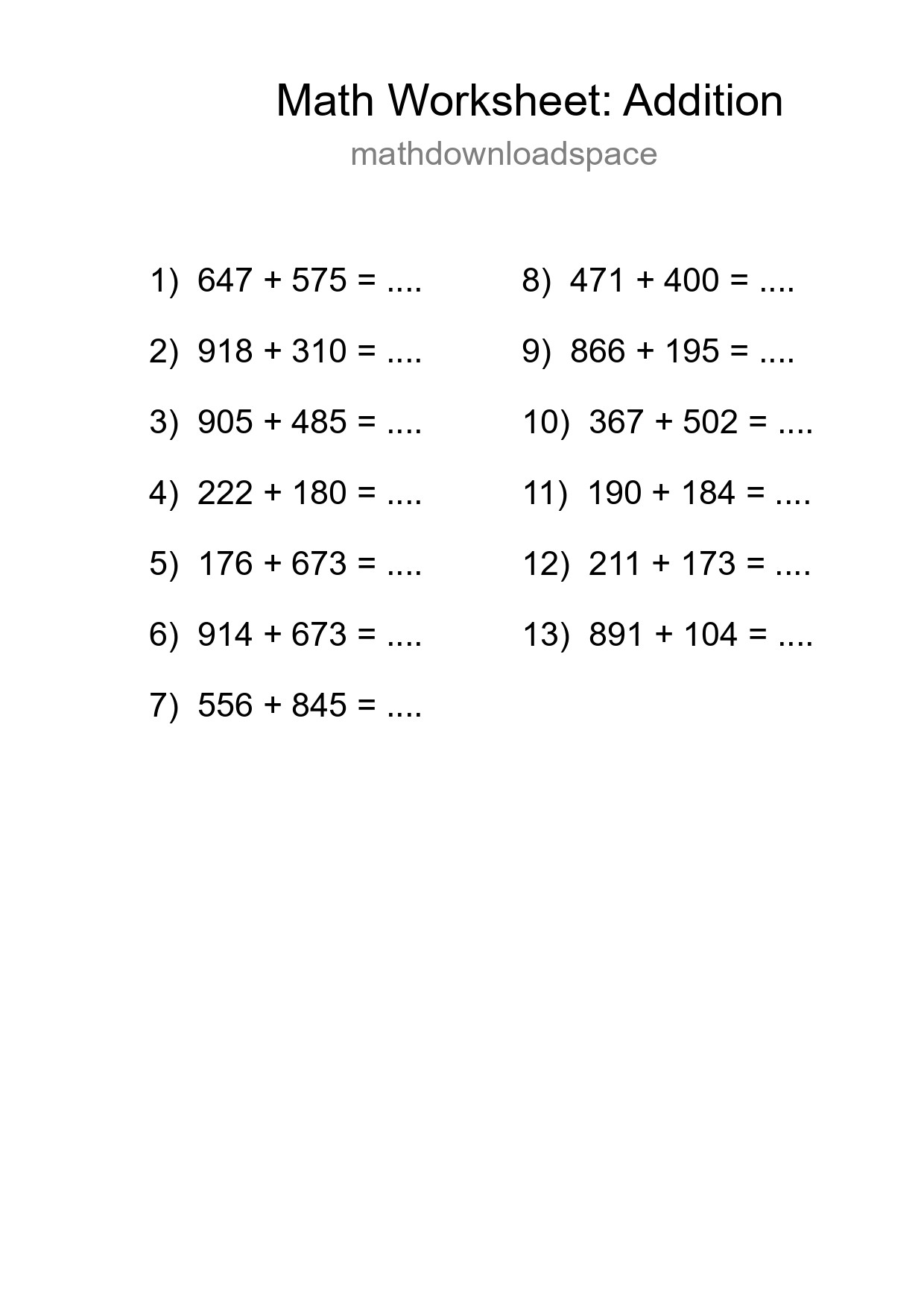 Grade 5 Addition Practice Worksheet (13 Problems) - Part 155