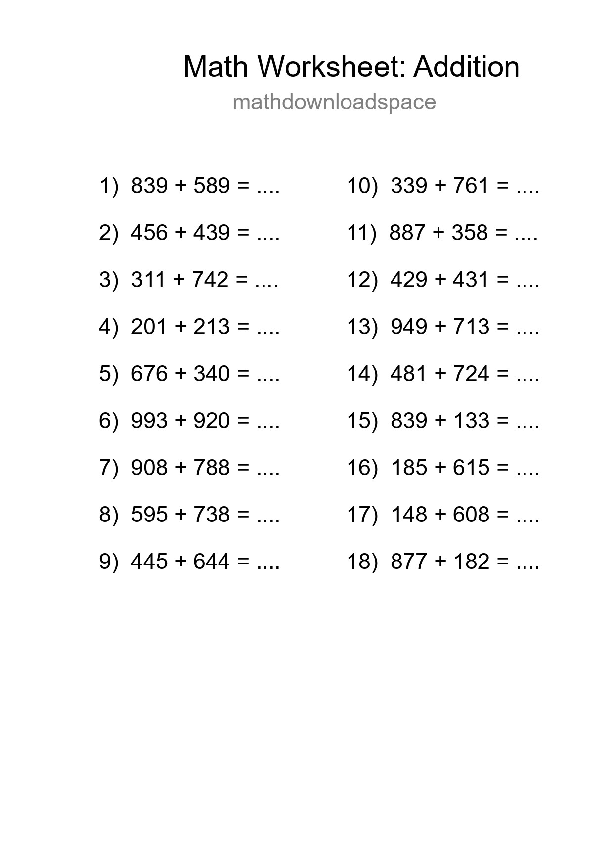 Grade 5 Addition Practice Worksheet (18 Problems) - Part 78