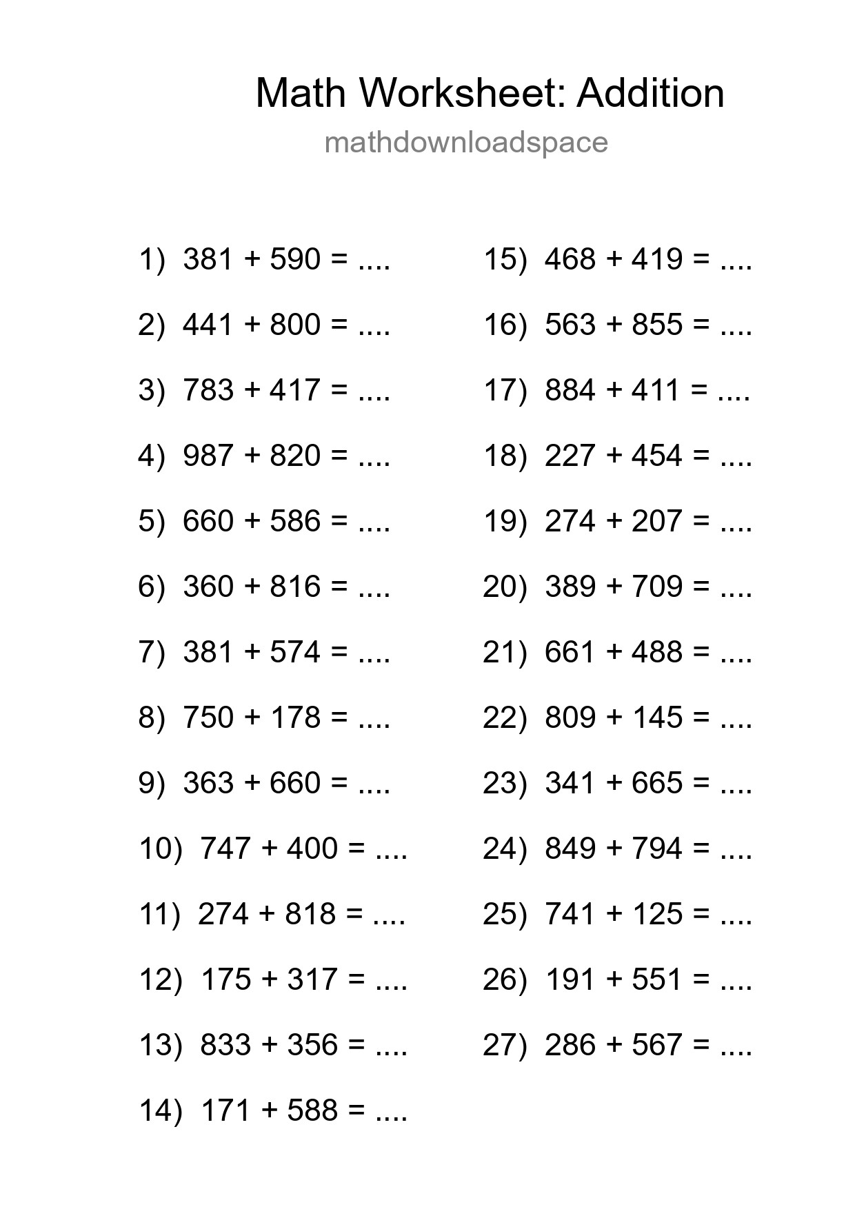 Grade 5 Addition Practice Worksheet (27 Problems) - Part 188