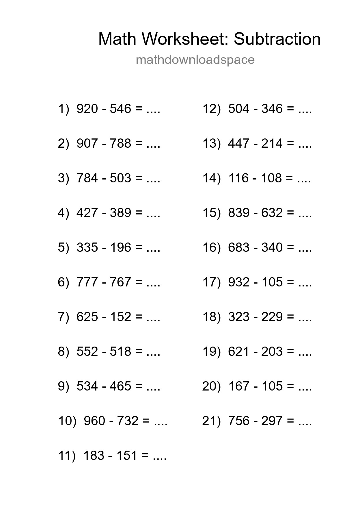 Grade 5 Subtraction Practice Worksheet (21 Problems) - Part 107