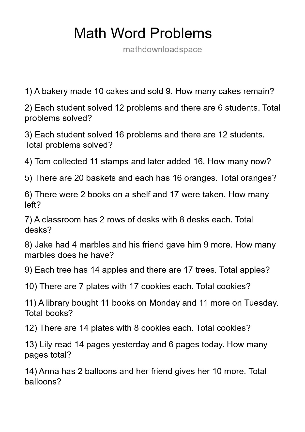 Math Word Problem Worksheet