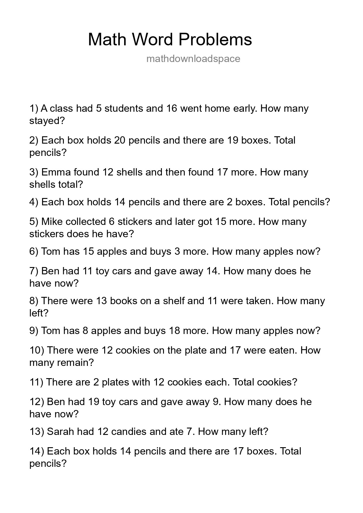 Math Word Problem Worksheet