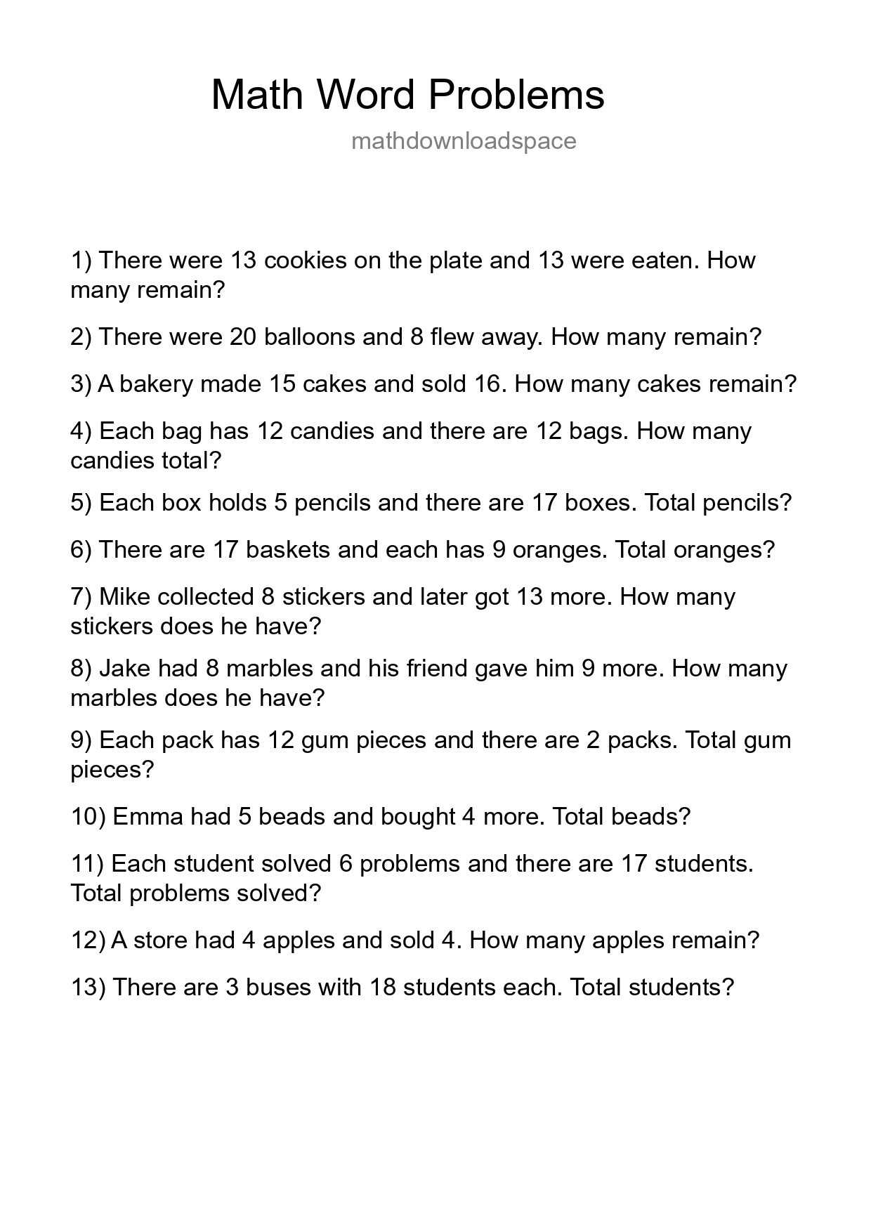 Math Word Problem Worksheet