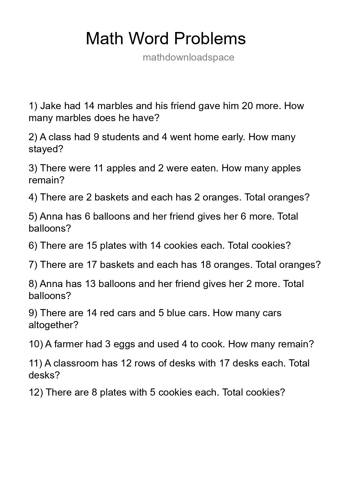 Math Word Problem Worksheet