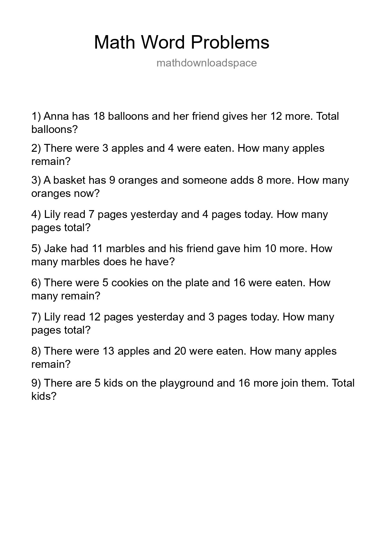 Math Word Problem Worksheet