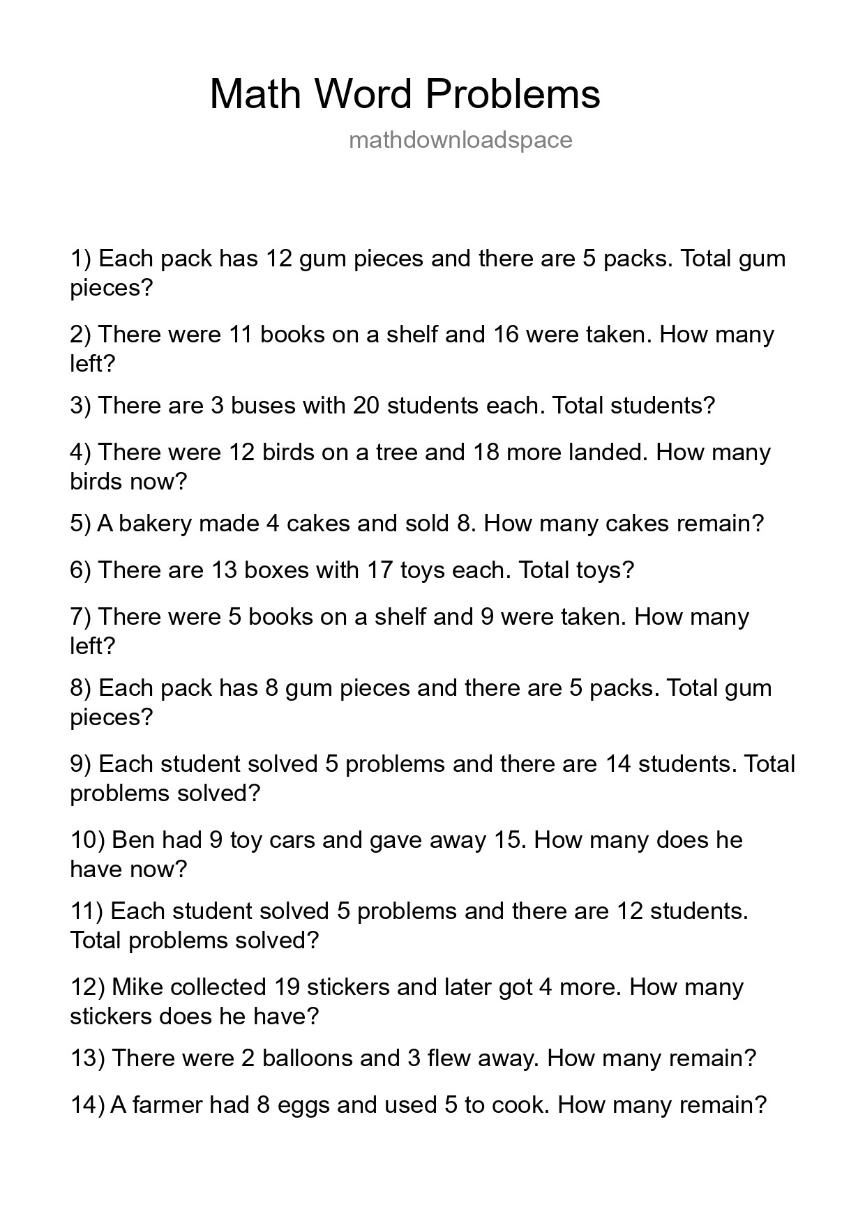 Math Word Problem Worksheet