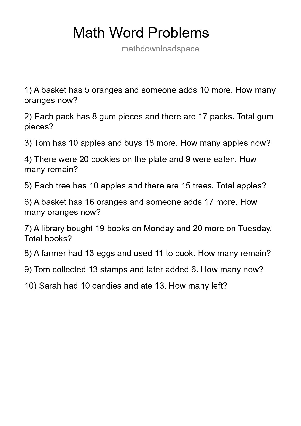 Math Word Problem Worksheet