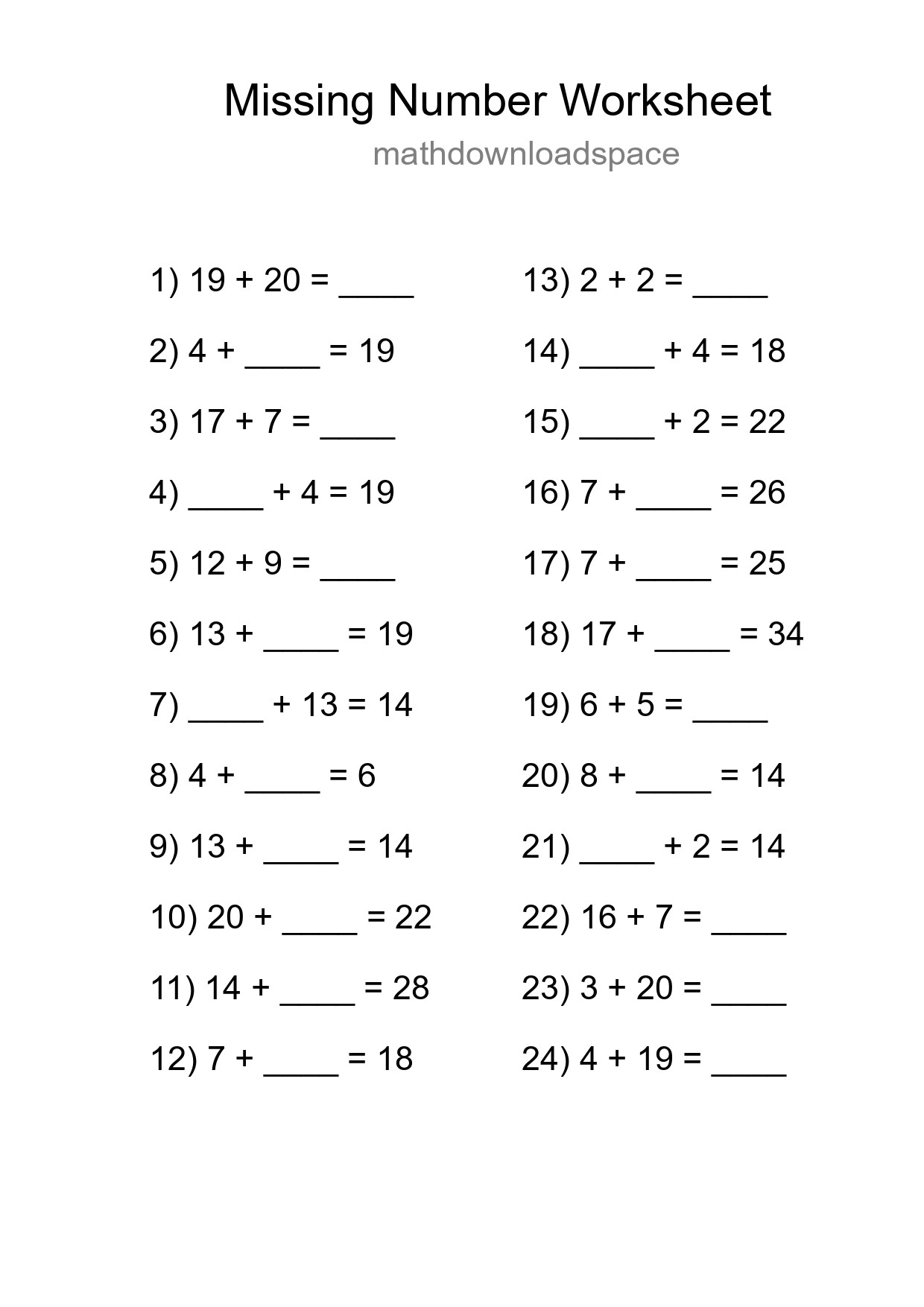 Missing Number Math Worksheet