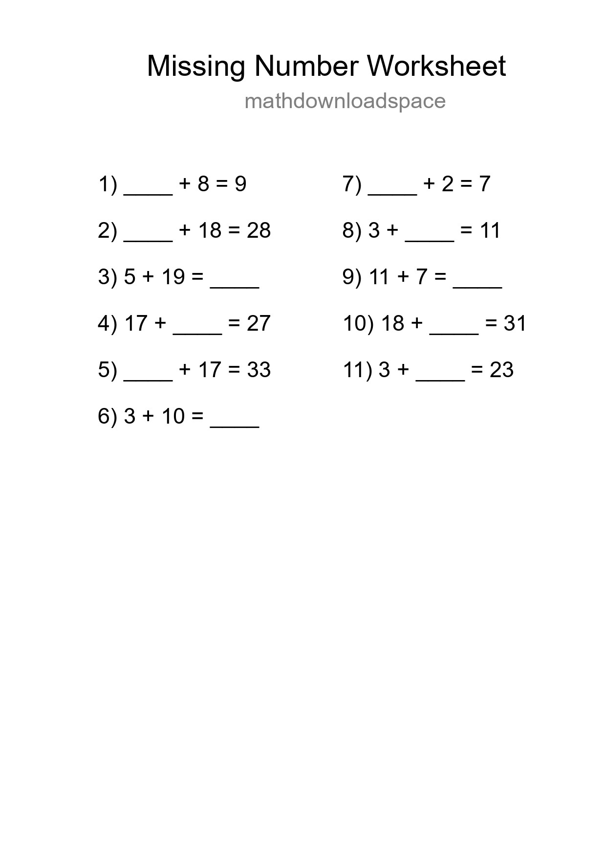 Missing Number Math Worksheet