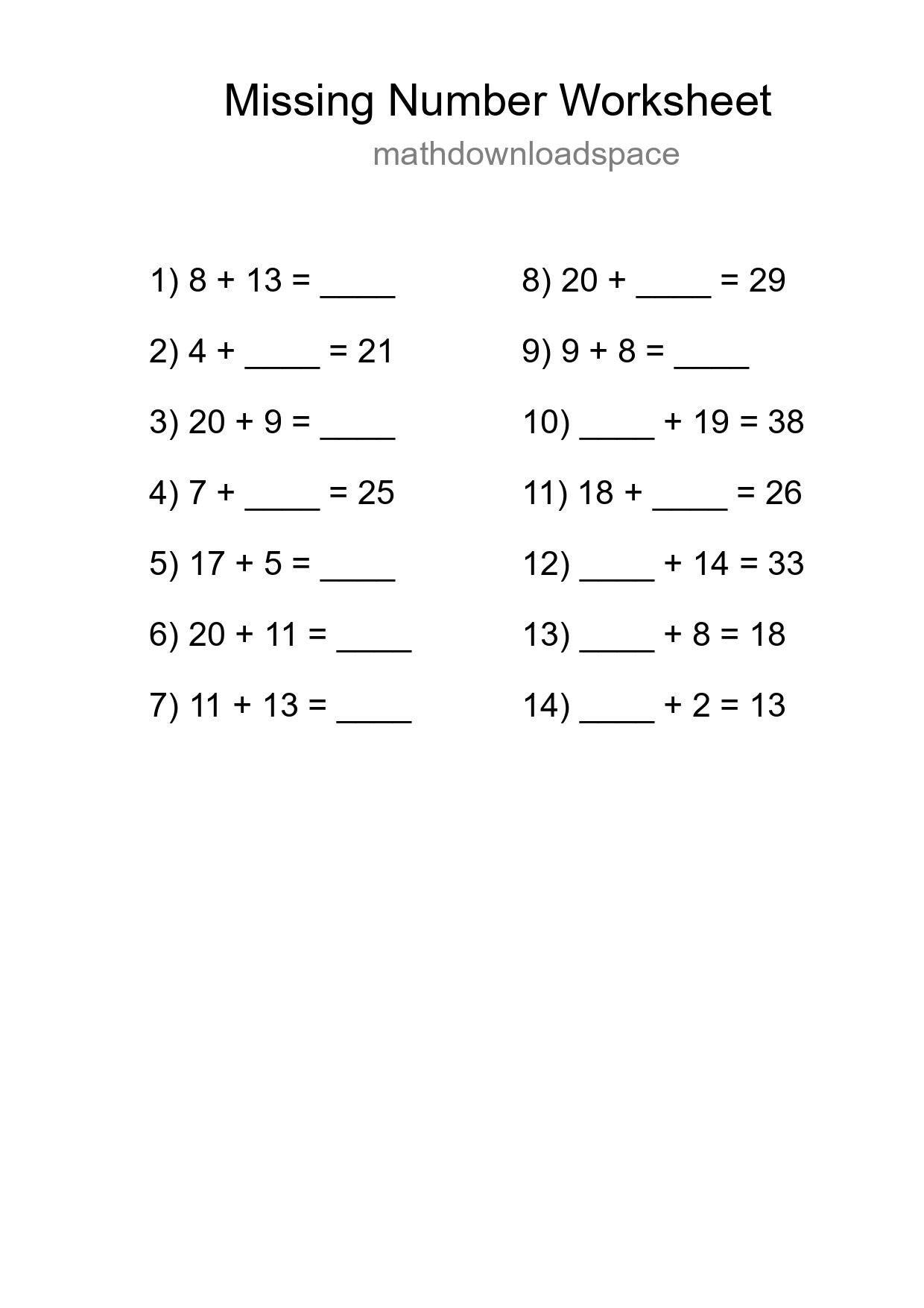 Missing Number Math Worksheet