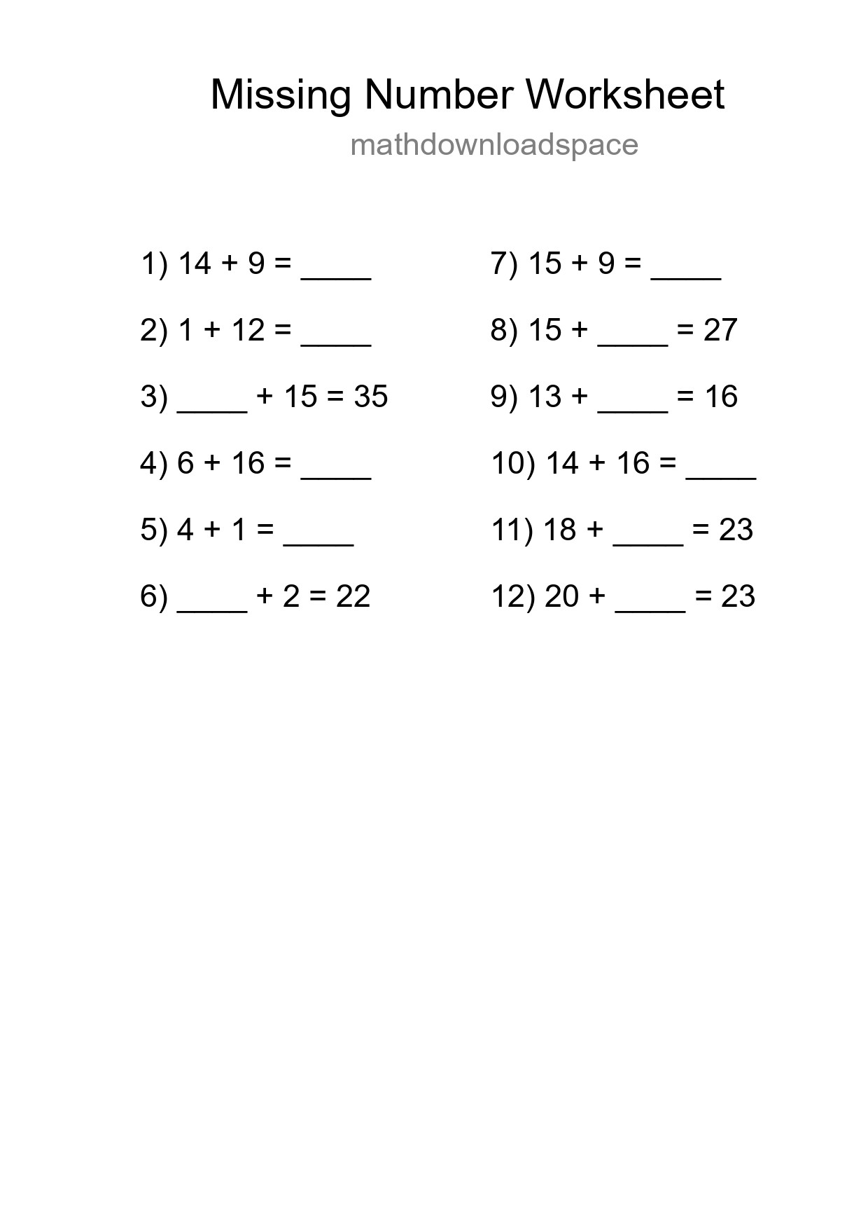 Missing Number Math Worksheet
