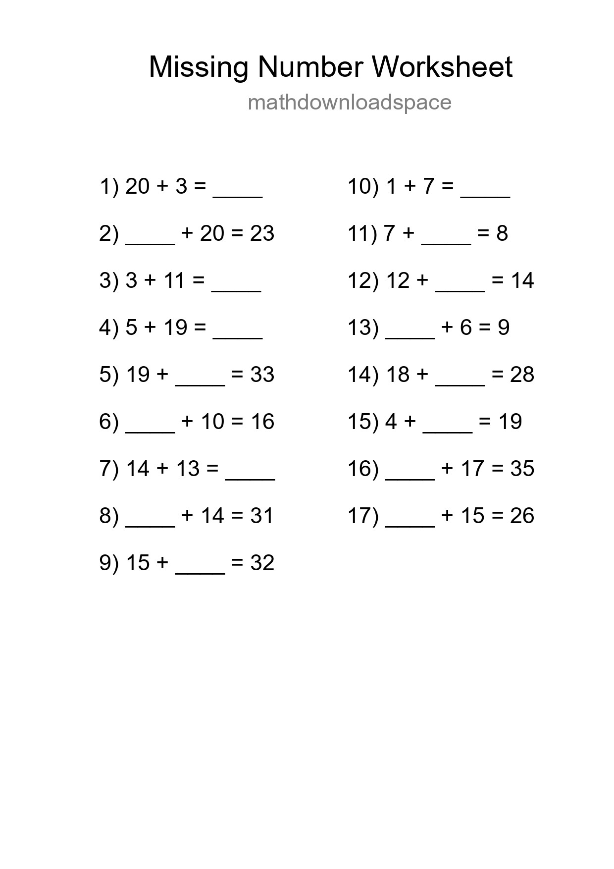 Missing Number Math Worksheet